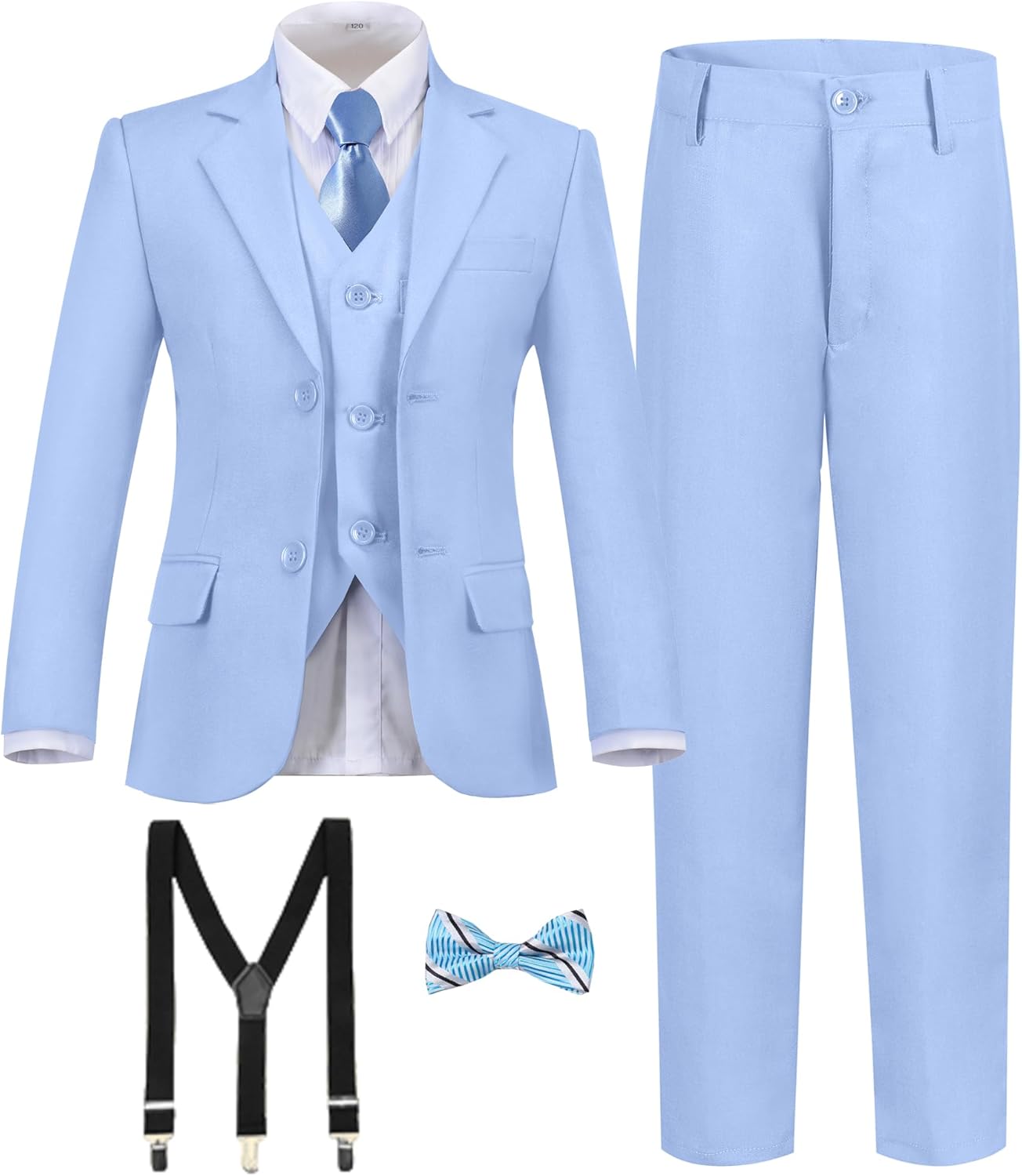 Boy's Formal Suit 7 Piece Slim Fit Tuxedo for Kids Teen Boys Jacket Vest and Pants Set for Wedding with Bow Tie Suspenders