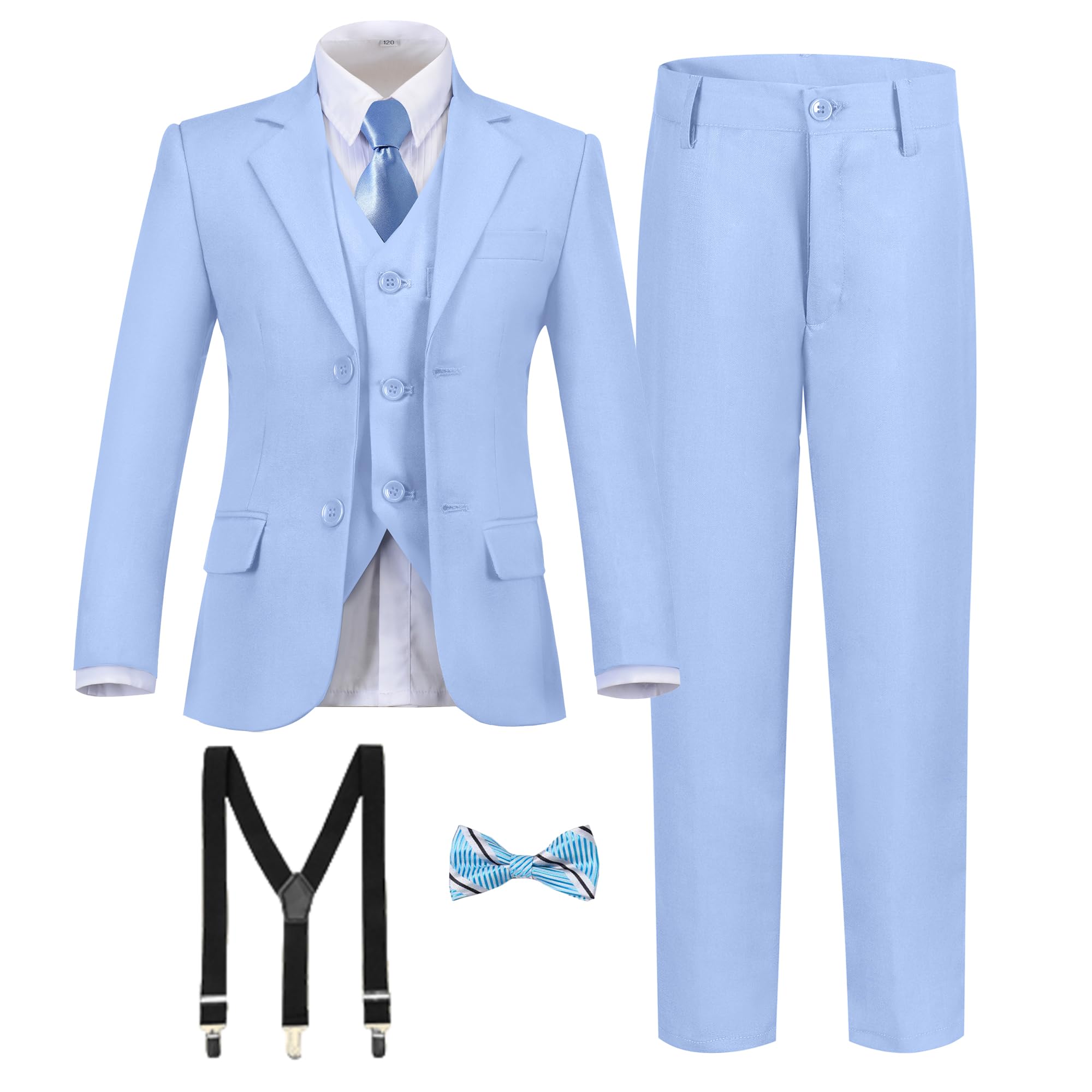 Boy's Formal Suit 7 Piece Slim Fit Tuxedo for Kids Teen Boys Jacket Vest and Pants Set for Wedding with Bow Tie Suspenders
