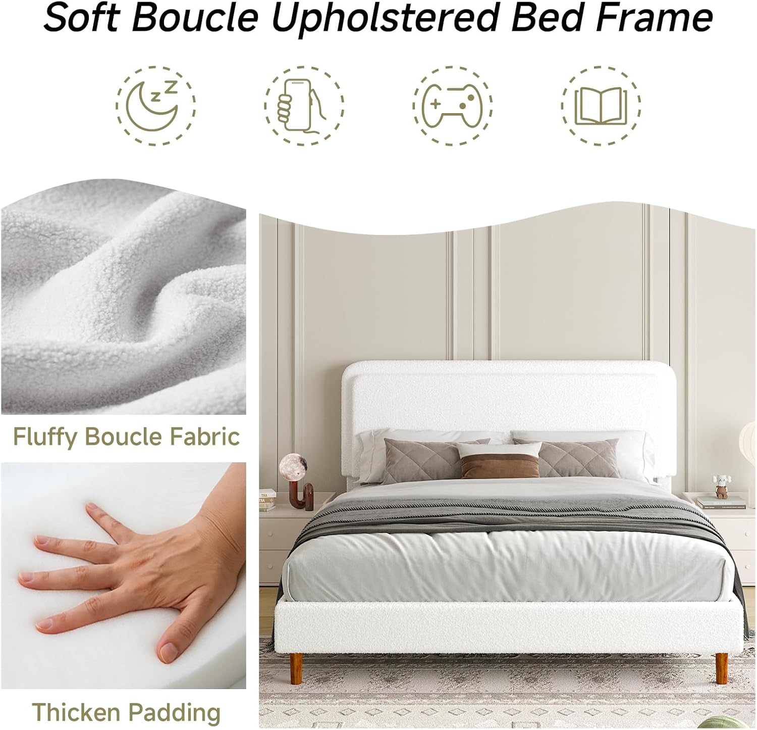 King Size Boucle Upholstered Bed Frame with Adjustable Headboard, Cloud Platform Bed, Solid Wooden Legs, No Box Spring Needed, Easy Assembly, White