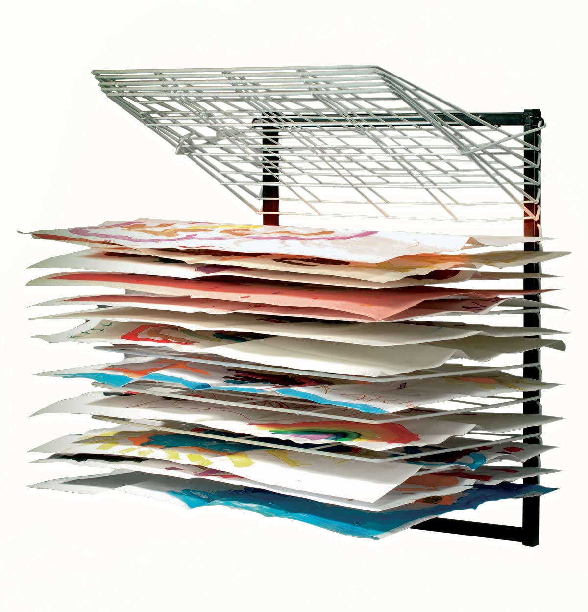 Copernicus Wide 20-Shelf Spring-Loaded Rolling Art Drying Rack for Classrooms and Art Studios, White/Black