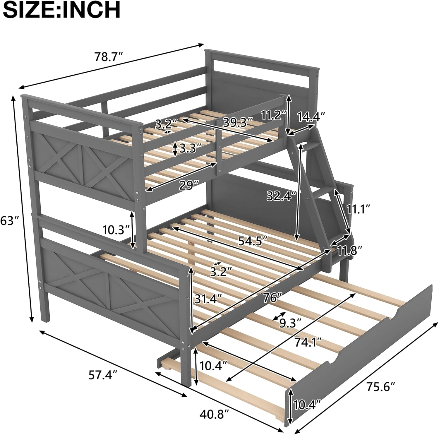 Twin Over Full Bunk Bed with Ladder and Twin Size Trundle,Bedroom Wood Bed Frame W/Safety Full-Length Guardrail,No Box Spring Required,for Kids Teens Girls Boys,Gray
