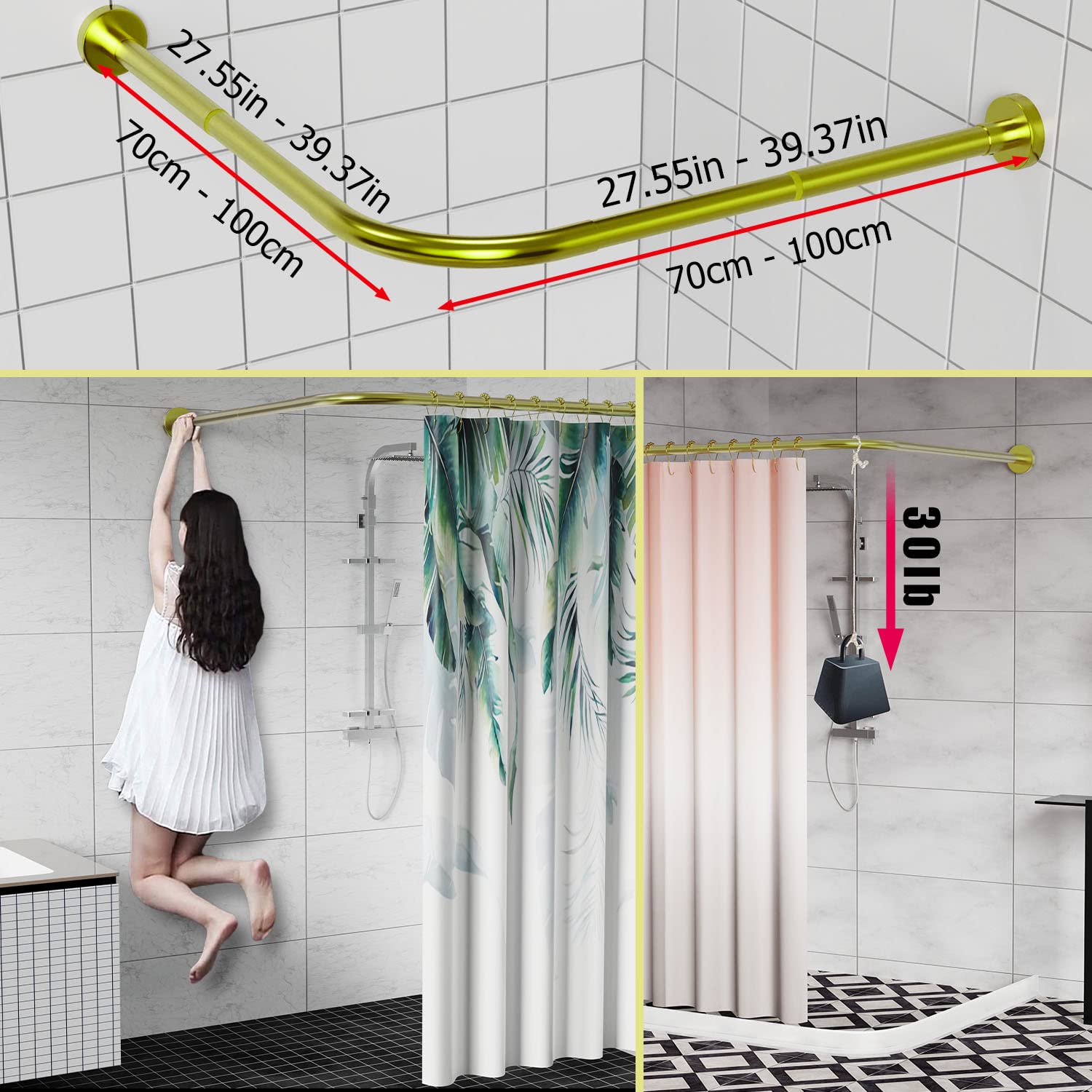 Rozciągliwy narożny drążek do zasłony prysznicowej ze stali nierdzewnej 304 w kształcie litery L (złoty 70-100 cm x 70-100 cm), montaż bez wiercenia, do łazienki, sklepu odzieżowego