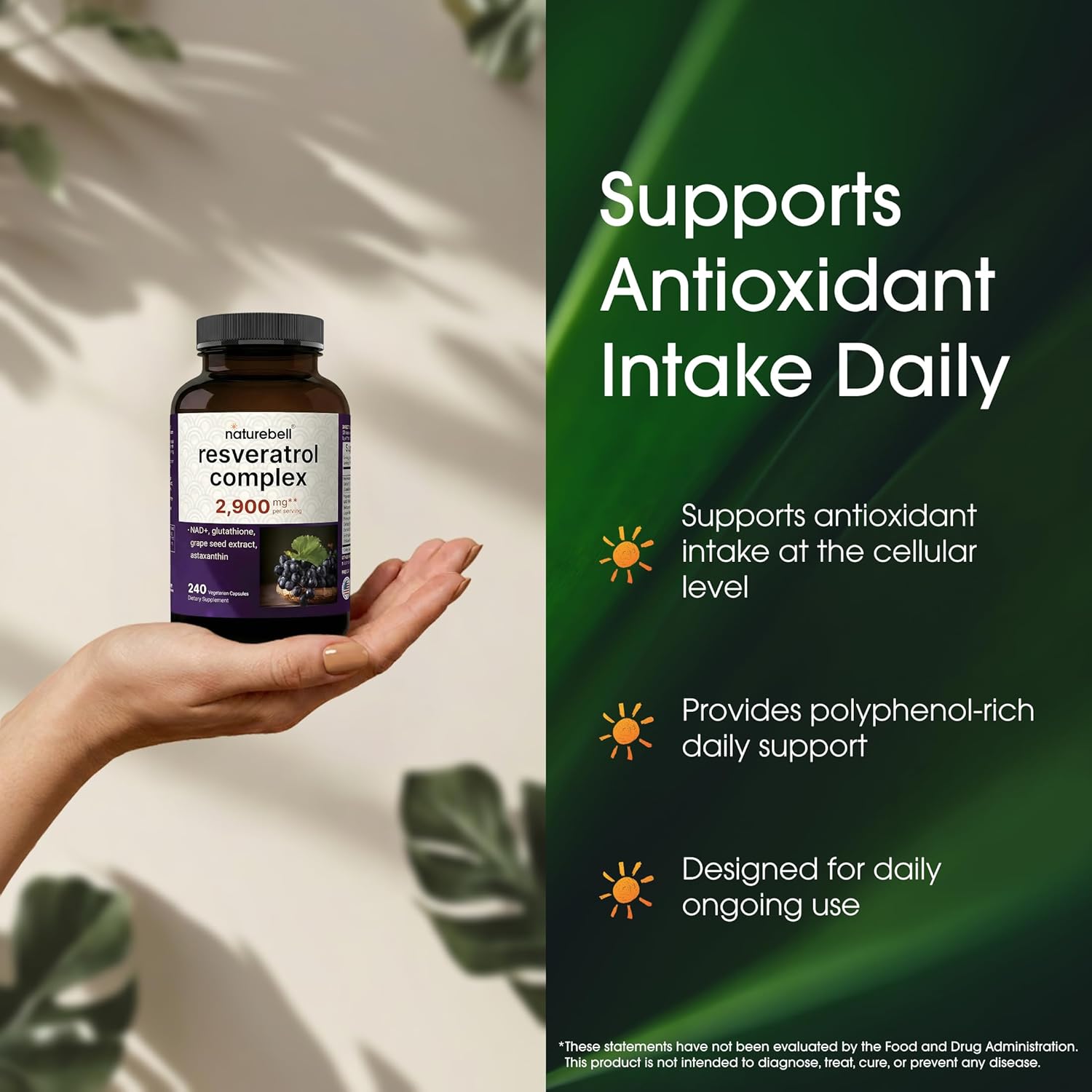 NatureBell Resveratrol Complex - 240 Vegetarian Capsules - Made with Resveratrol, NAD, Glutathione & More - Healthy Aging & Antioxidant Support - Heart, Brain & Immune Wellness*