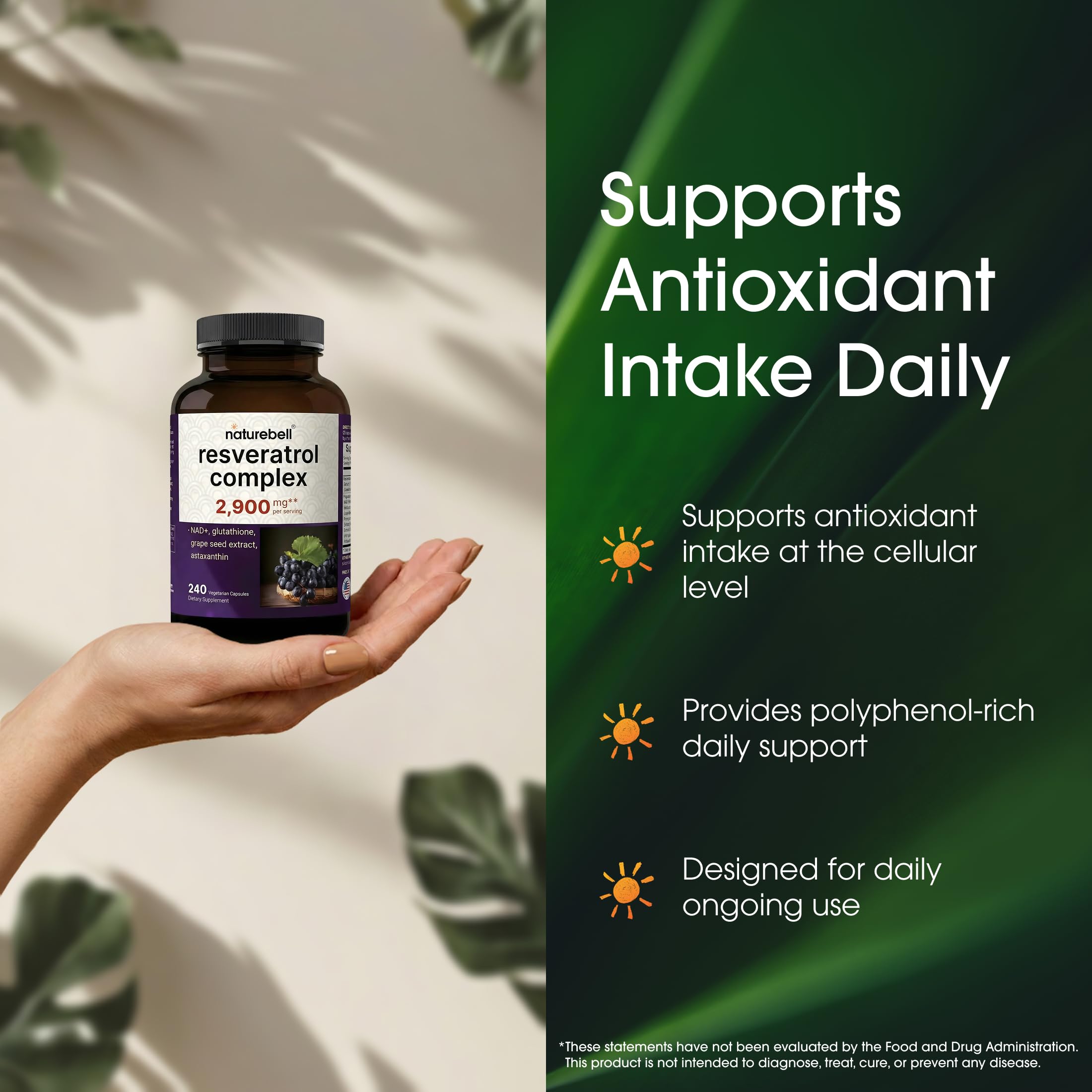 NatureBell Resveratrol Complex - 240 Vegetarian Capsules - Made with Resveratrol, NAD, Glutathione & More - Healthy Aging & Antioxidant Support - Heart, Brain & Immune Wellness* — Amazon image 4