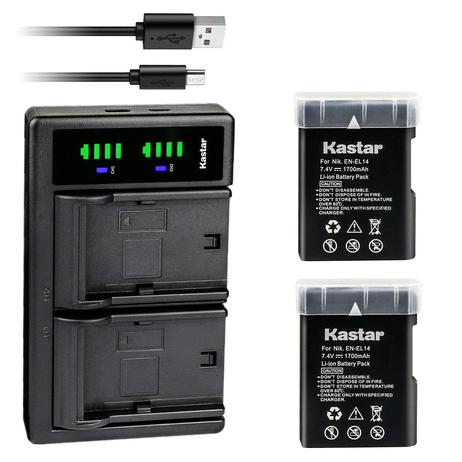 Kastar 2-Pack EN-EL14 Battery and LTD2 USB Charger Replacement for Nikon EN-EL14, EN-EL14a, EN-EL14b Battery, Nikon MH-24, MH-24a Charger, Nikon D5100