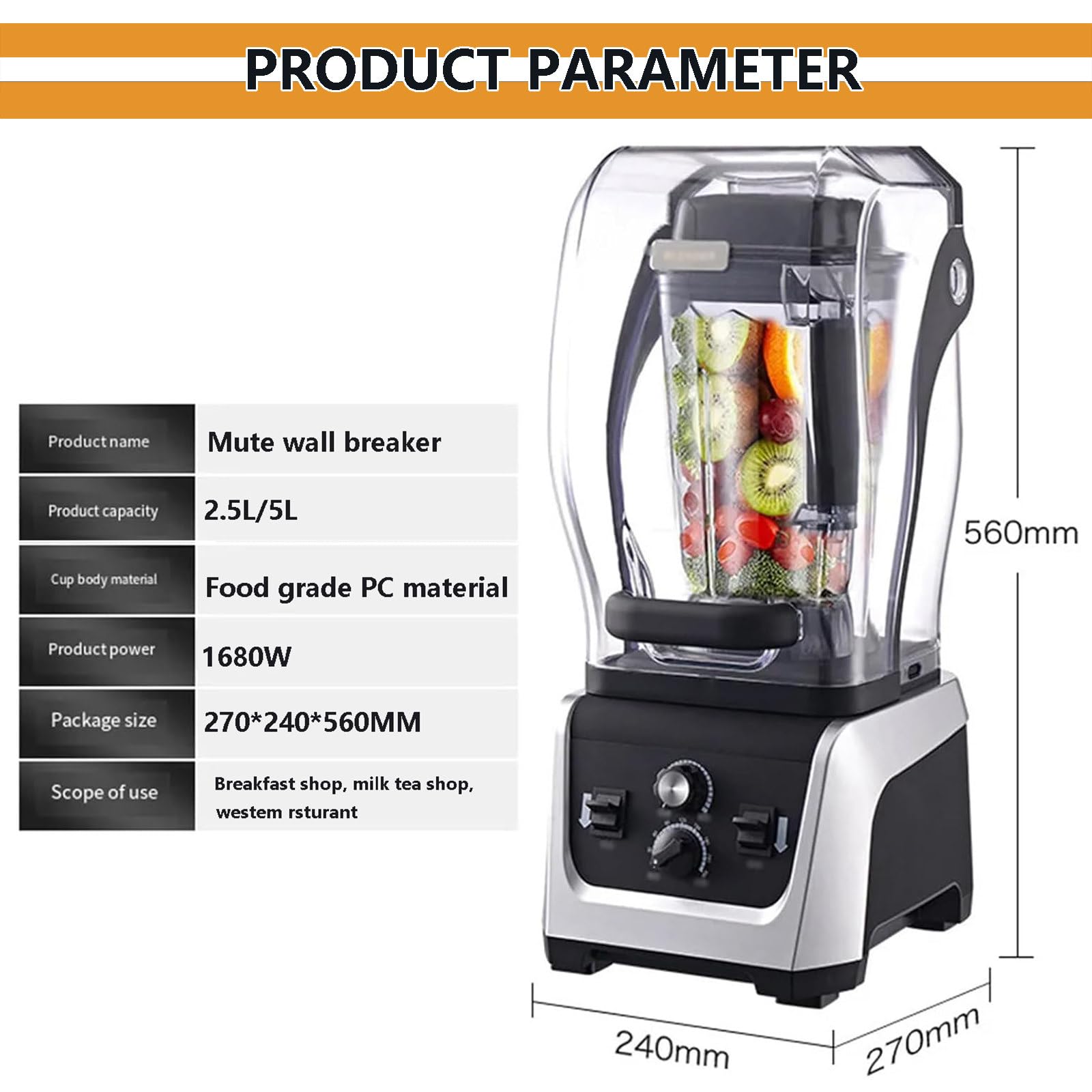 Mixeur À Smoothie pour Cuisine, Mixeur sur Socle 45000 TR/Min, Machine De Cuisson À Jus De Comptoir avec Récipient 2,5L/5L, Machine À Boissons Électrique(avec 2 Coupe-Fruits) 1680W,5L