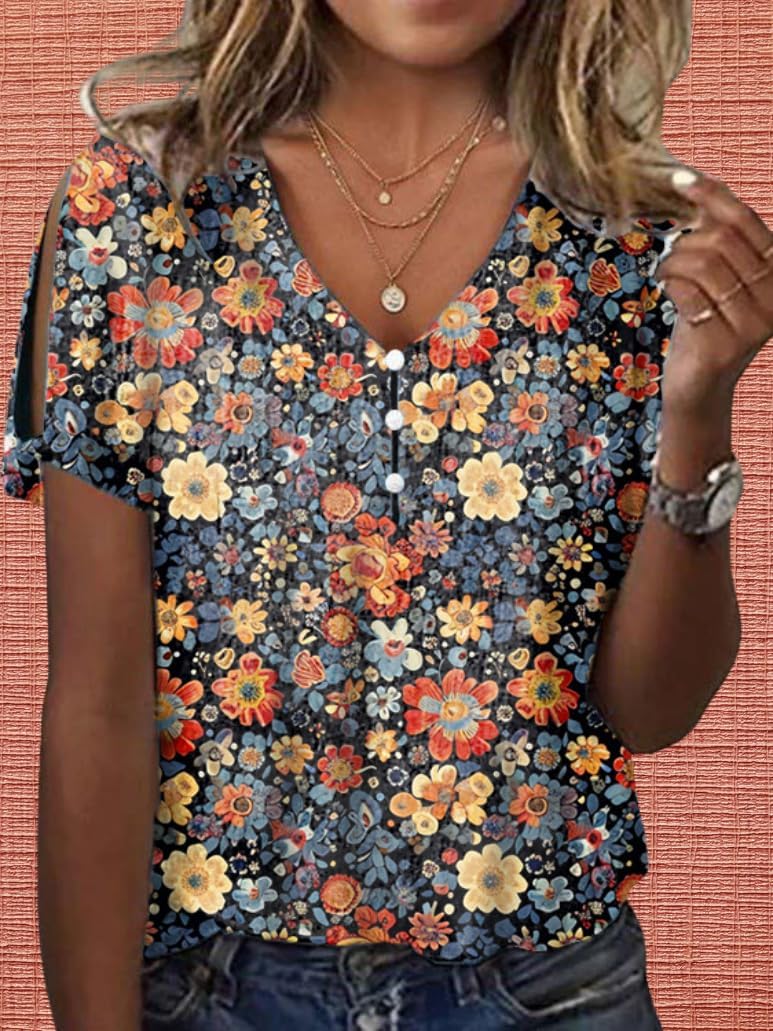 Womens Boho Floral Print Blouse Dressy Slim Fit Vintage Womens Summer Tops Cold Shoulder V Neck Button Down Shirts for Women - Image 3