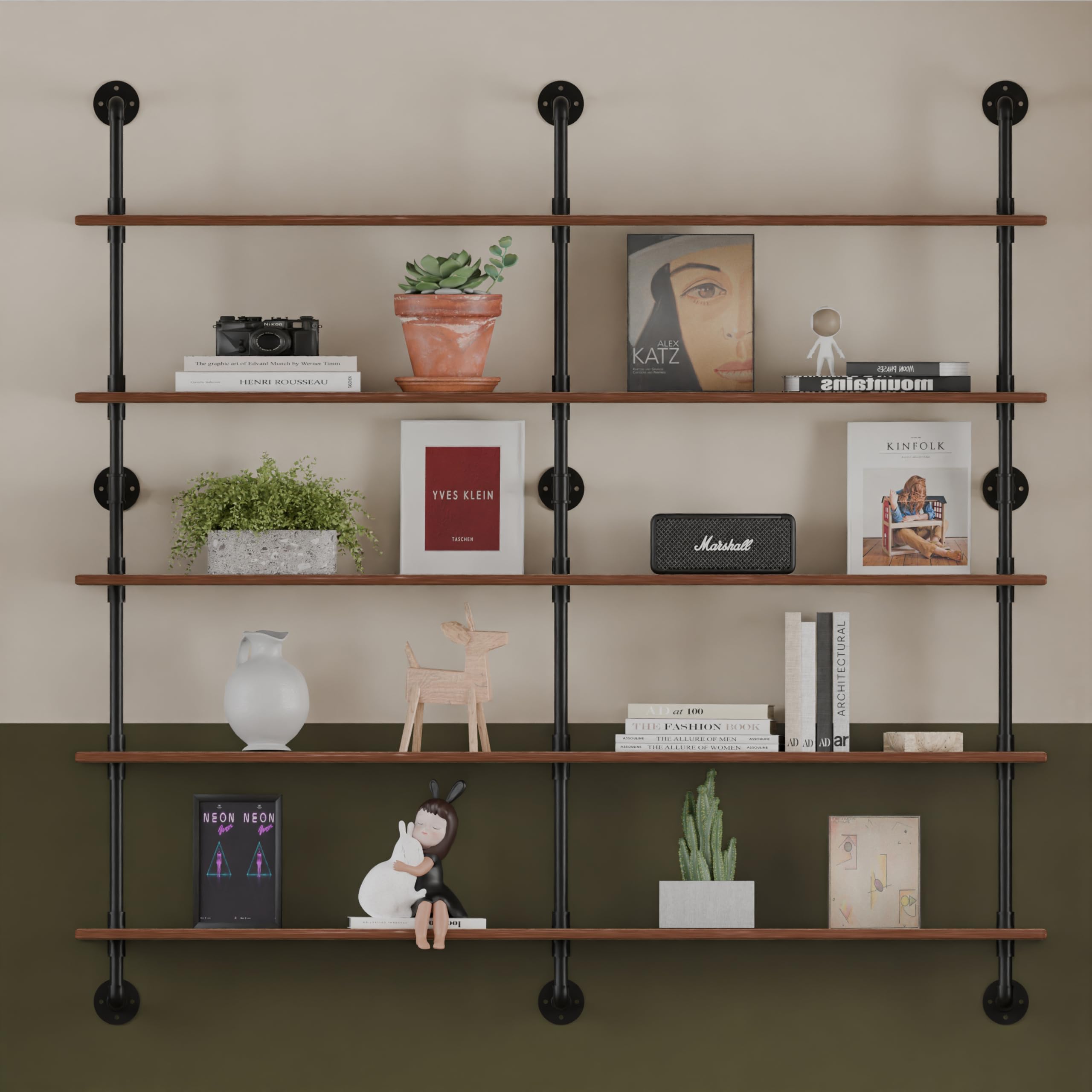 HDDFER Industrial Pipe Shelf Shelving Bookcase, Wall Mounted Rustic Bookshelf 60 Inch, Floating Bookshelves for Wall,Retro Wood Metal Pipe Industrial