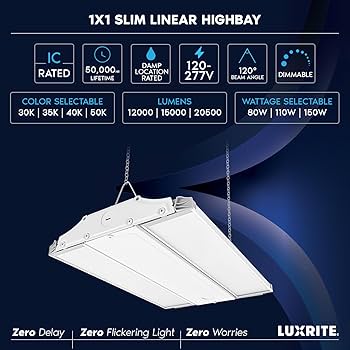 LUXRITE 14 Inch Linear High Bay LED Shop Lights, 80/110/150W