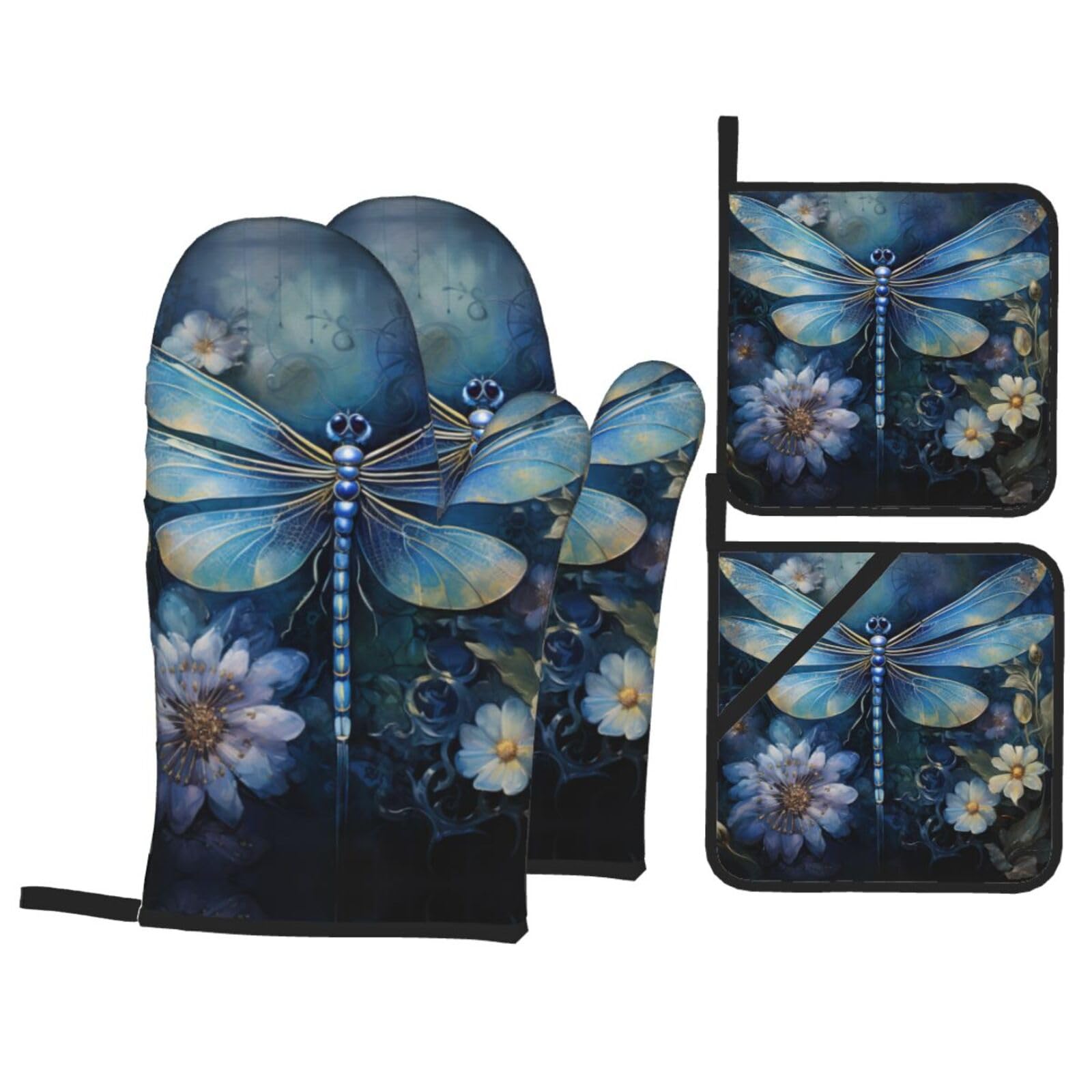 Art Blue Dragonfly Print Stylish 4-Piece Microwaving Oven Waterproof Kitchen Gloves Baking Holiday Cooking