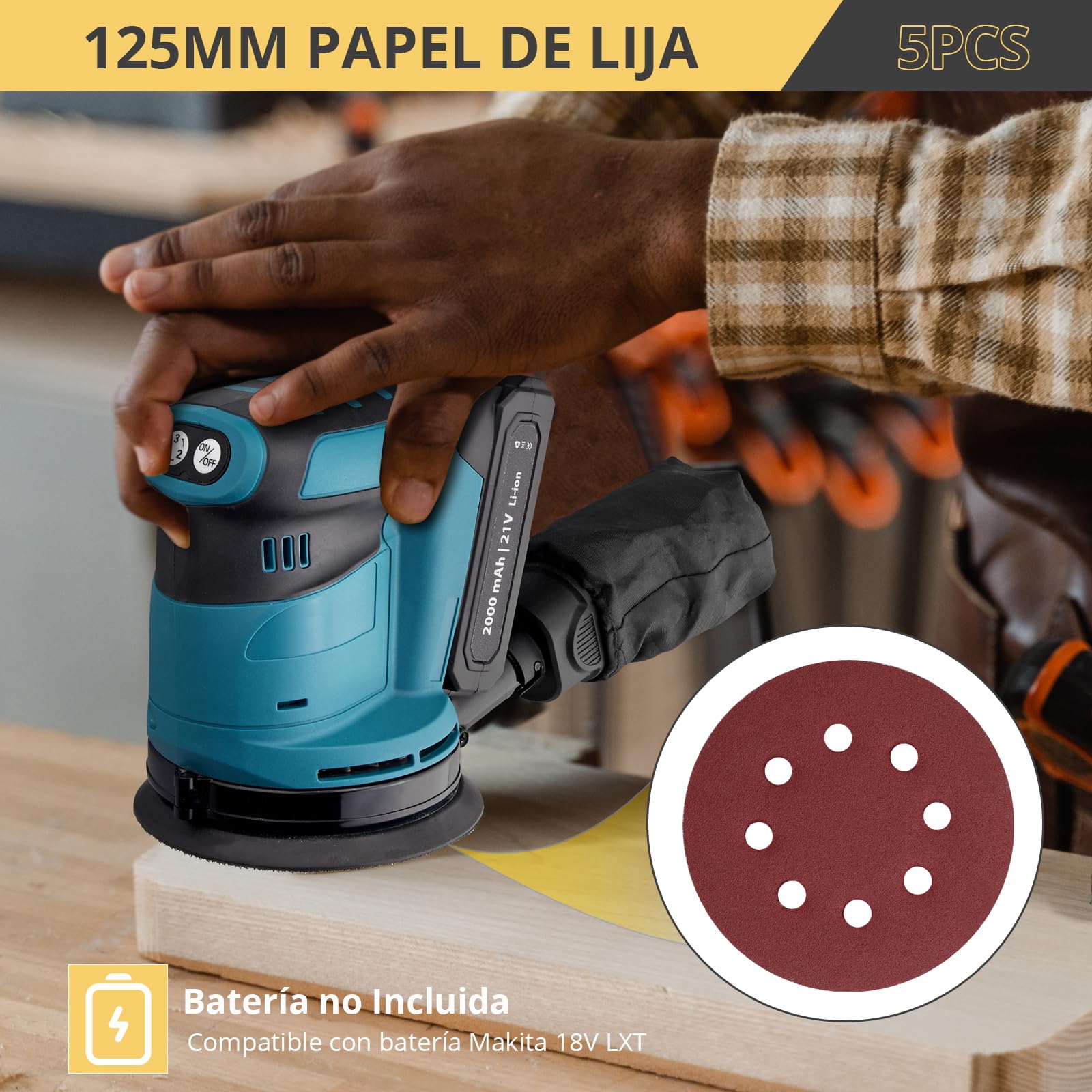 AMTOVL Lijadora Orbital 90W Lijadora Eléctrica 3 Velocidades (7000-9500-11000rpm) con Papel de Lija 5PCS 125mm Bolsa para Polvo para Lijar, Encerar, Pulir Madera y Metal (Pilas no Incluidas)