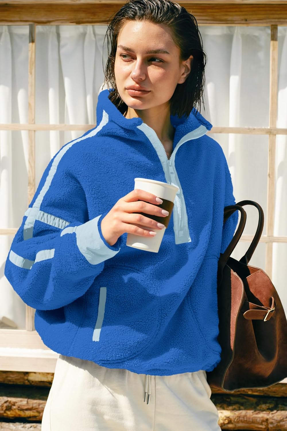 Panadila Womens Half Zip Sherpa Fleece Pullover Soft Oversized Sweatshirt with Pockets Warm Fuzzy Sweater - Image 4