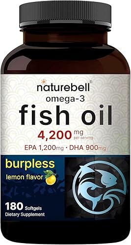 Aceite de pescado Omega 3 de 4,200 mg, 180 cápsulas blandas que no producen eructos, EPA altamente purificado de 1,200 mg y DHA de 900 mg | Sabor a