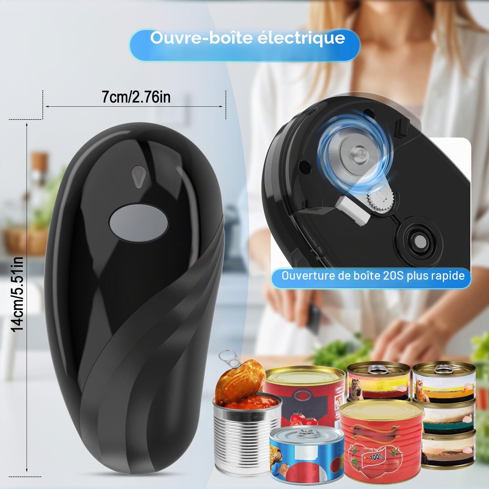 Ouvre-boîte électrique, ouvre-boîte automatique avec commande One Touch, sûr pour toutes les tailles de boîtes, ustensile de cuisine, ouvre-boîte pour personnes âgées, rechargeable et câble USB (A)