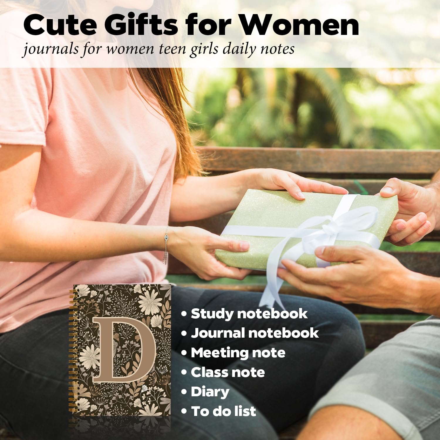 DSHFG Cuaderno personalizado de flores para mujeres, adolescentes, niñas, cuaderno bohemio para regalos escolares para estudiantes, diario diario con inicial D, cuaderno en espiral D, 5.5 x 8.3