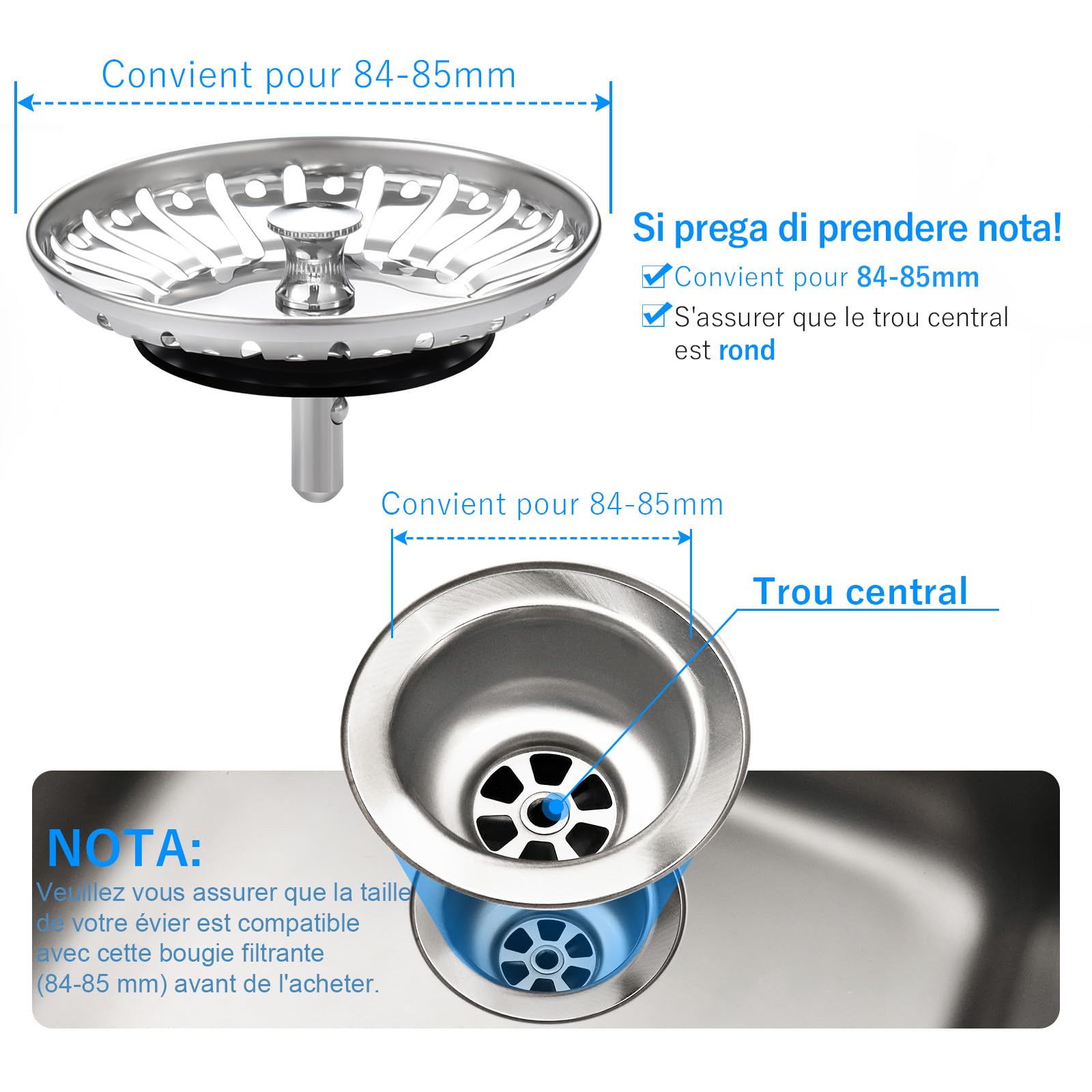 Bouchon d'évier en Acier Inoxydable 84mm 2 Pack Remplacement pour Cuisine