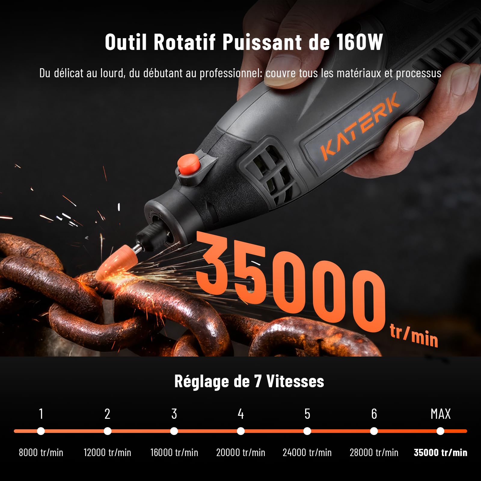 Katerk Outils Rotatifs Multifonction 160W, Outil Rotatif Multifonction avec 155 Accessoires, 6 Vitesses Réglables, 35000RPM Tours/min, Parfait Pour la Coupe, Le Ponçage de Détail