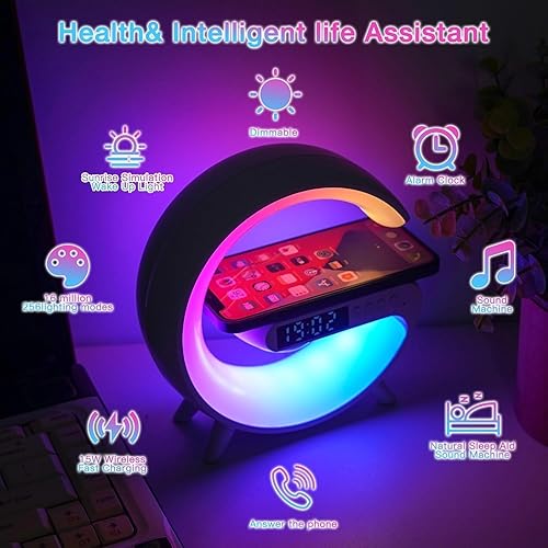 Miniatura 5 de Cargador inalámbrico rápido 4 en 1, altavoz Bluetooth inalámbrico, lámpara de ambiente, reloj despertador de música, lámpara de mesa de luz nocturna
