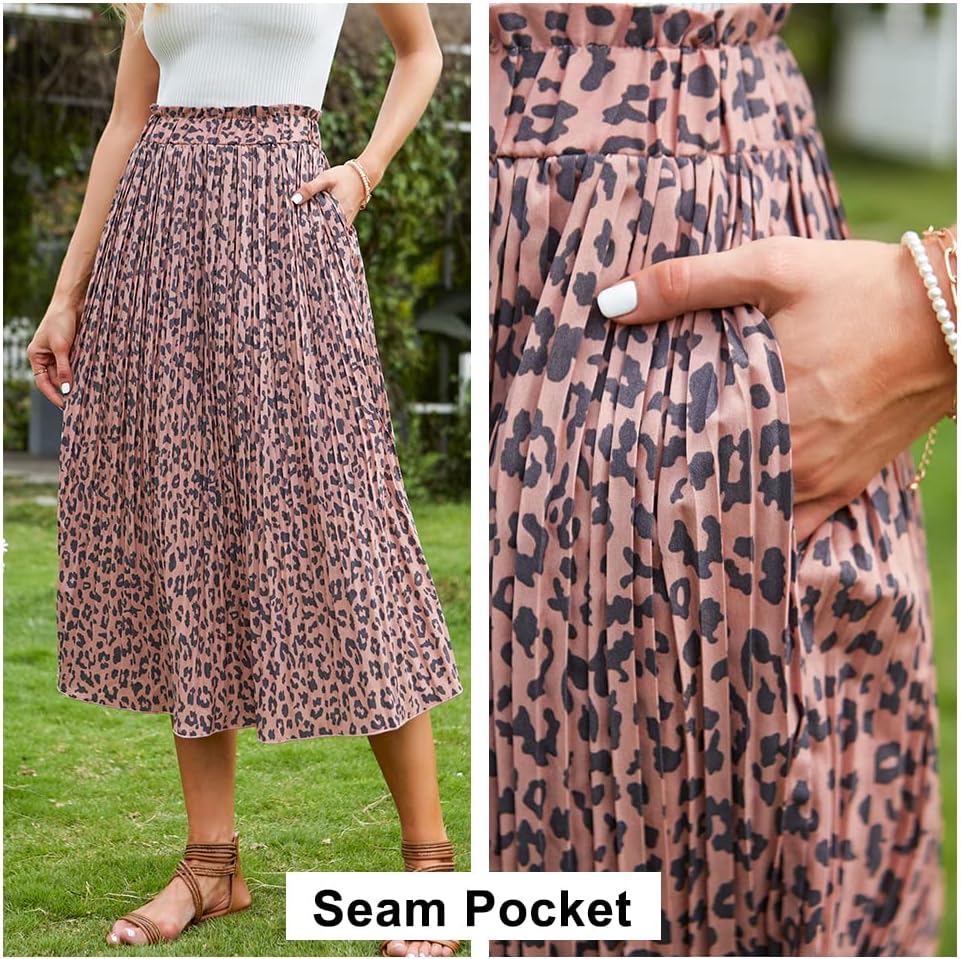 EXLURA Womens High Waist Polka Dot Pleated Skirt Midi Swing Skirt with Pockets Pink-Leopard - Image 3