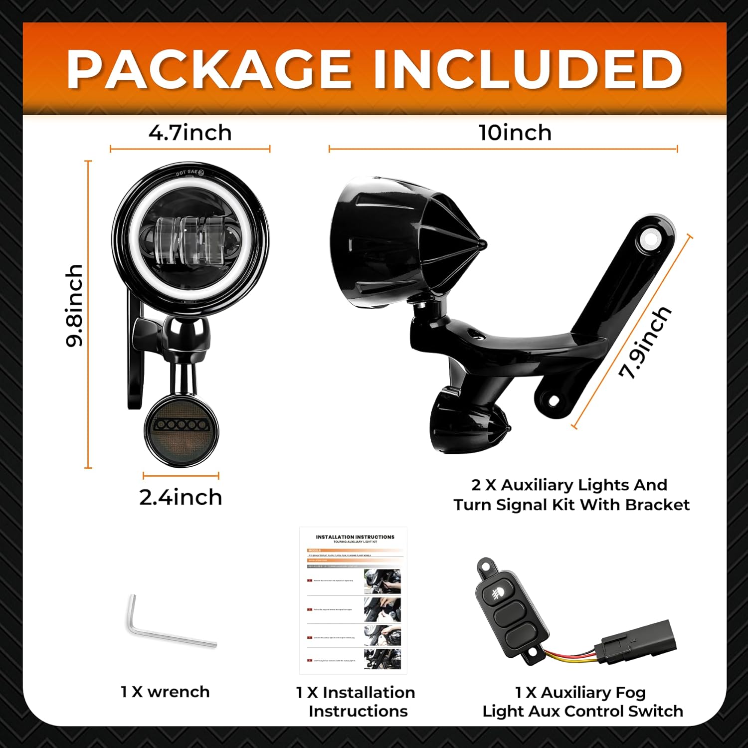 4.5" Halo LED Auxiliary Passing Spot Fog Lights & Bullet Turn Signal Assembly Kit, Housing Bucket Mount Bracket & Lamp Switch For Harley Touring Street Glide Electra Glide 2014-2023