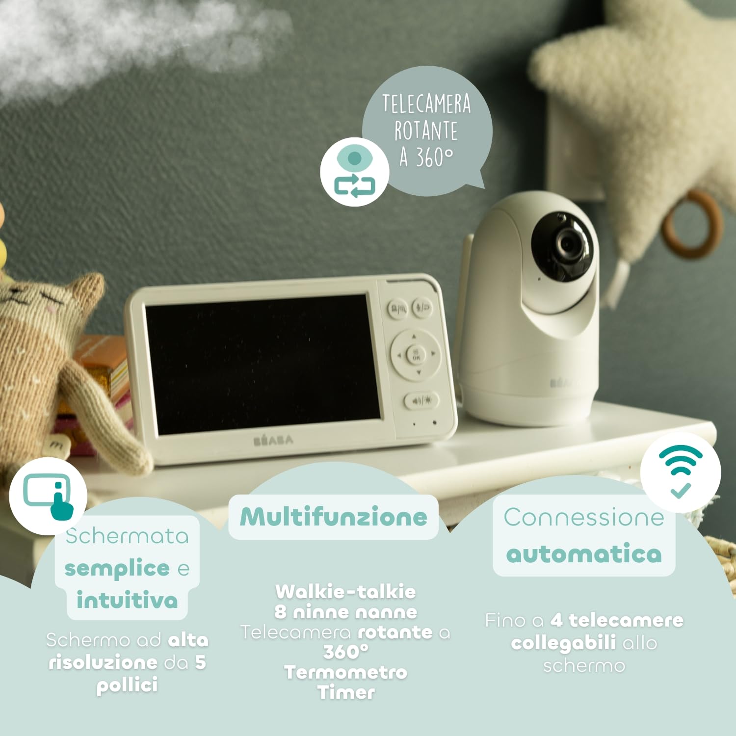 BÉABA, Baby Monitor Camera Zen Plus 2 - Camera 360°, Schermo HD da 5 Pollici, Visione Notturna, Talkie-Walkie, Termometro, 8 Ninne Nanne, Portata 300 m, Batteria 20h, 4 Videocamere Collegabili, Bianco