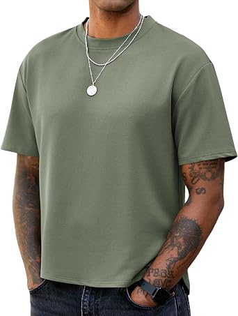 Lexiart Mens Cropped T Shirt Boxy Short Sleeve Oversized Crewneck Basic Tee