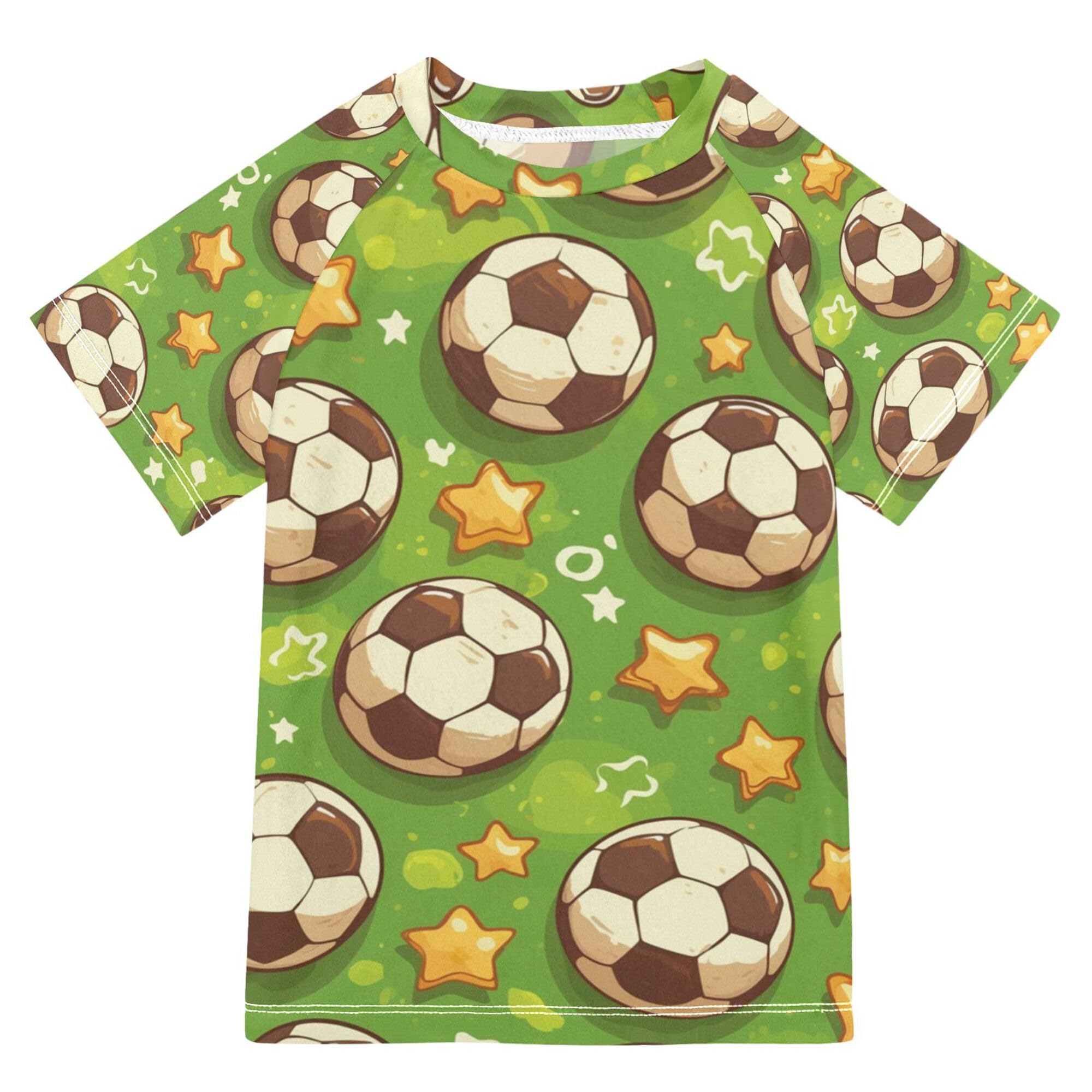 Wudan Cartoon Soccer Balls Stars Green Bathing Suit Kids Short Sleeves Girl Rash Guard Swimwears Shirts for Teen Boys 11-12Y