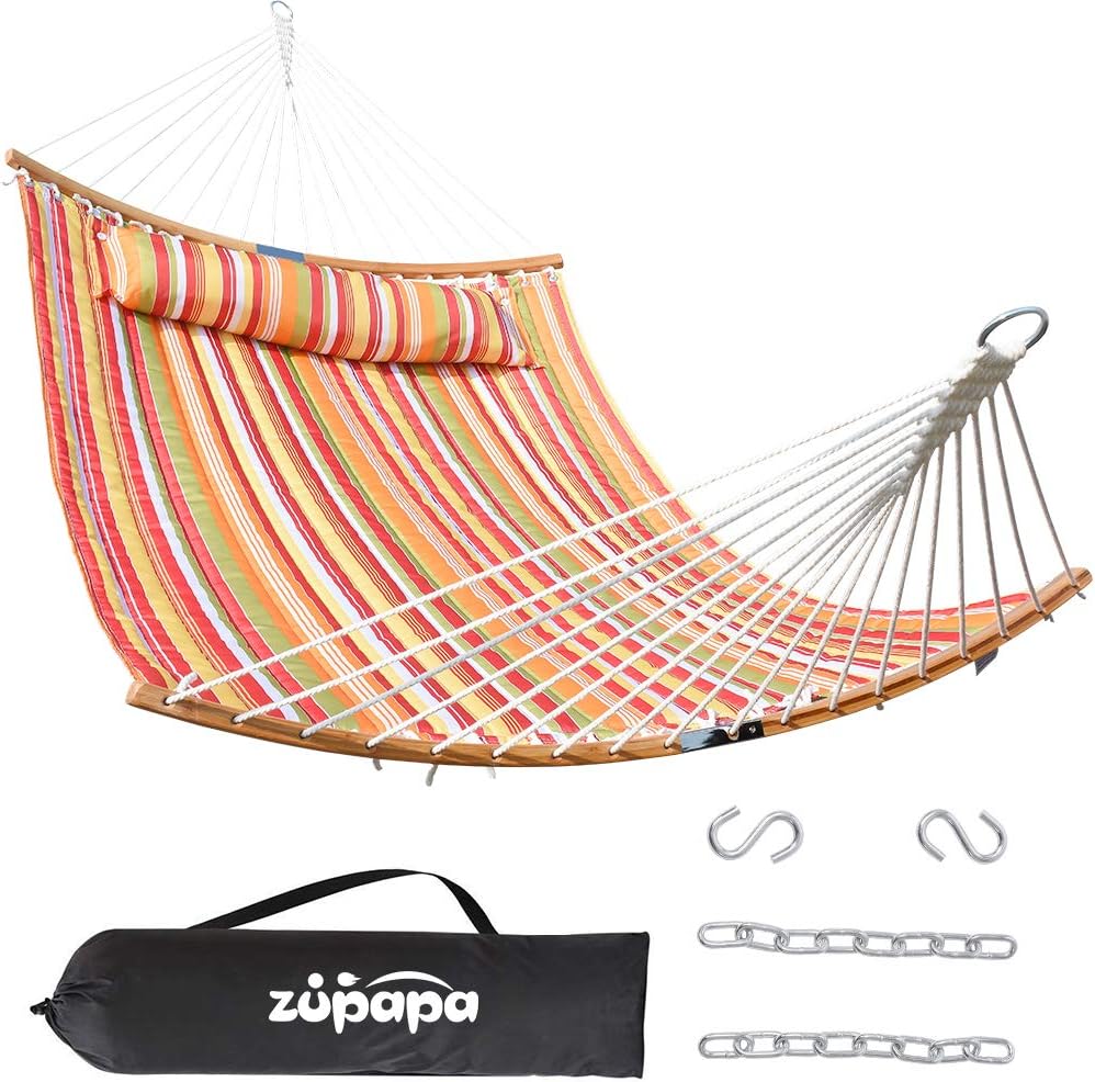 Zupapa Quilted 2 Person Hammock Curved Bamboo Hammock with Pillow, Heavy-Duty Double Hammock Swing Bed for Backyard Patio, Carrying Bag Included