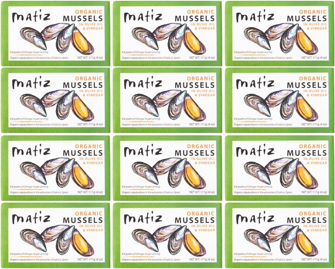 Matiz España Mussels in Extra Virgin Olive Oil & Apple Cider Vinegar | 3.92 oz. - 12 Pack | Handcrafted in Galicia, Spain | Sustainably Cultivated Mussels with Spices |