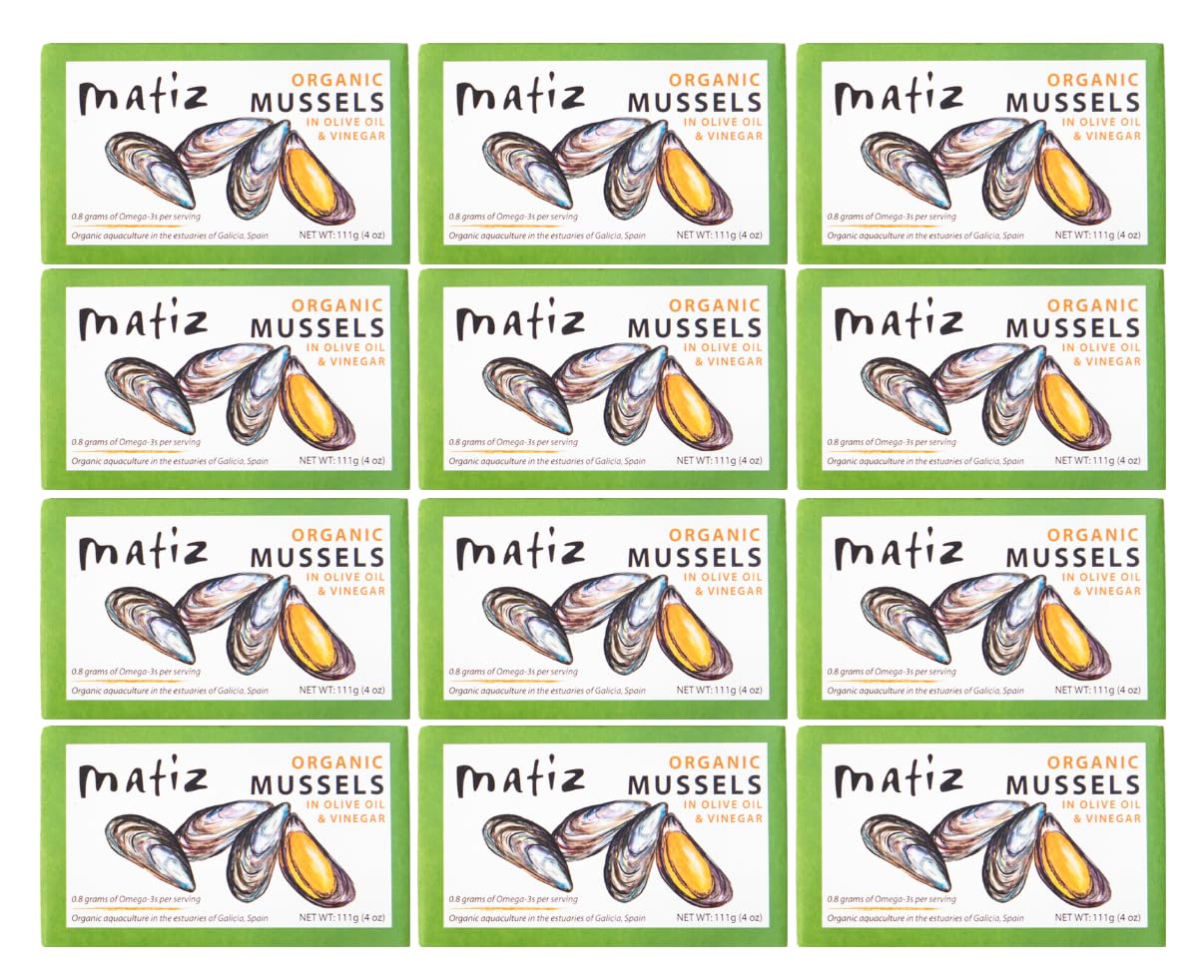 Matiz España Mussels in Extra Virgin Olive Oil & Apple Cider Vinegar | 3.92 oz. - 12 Pack | Handcrafted in Galicia, Spain | Sustainably Cultivated Mussels with Spices |