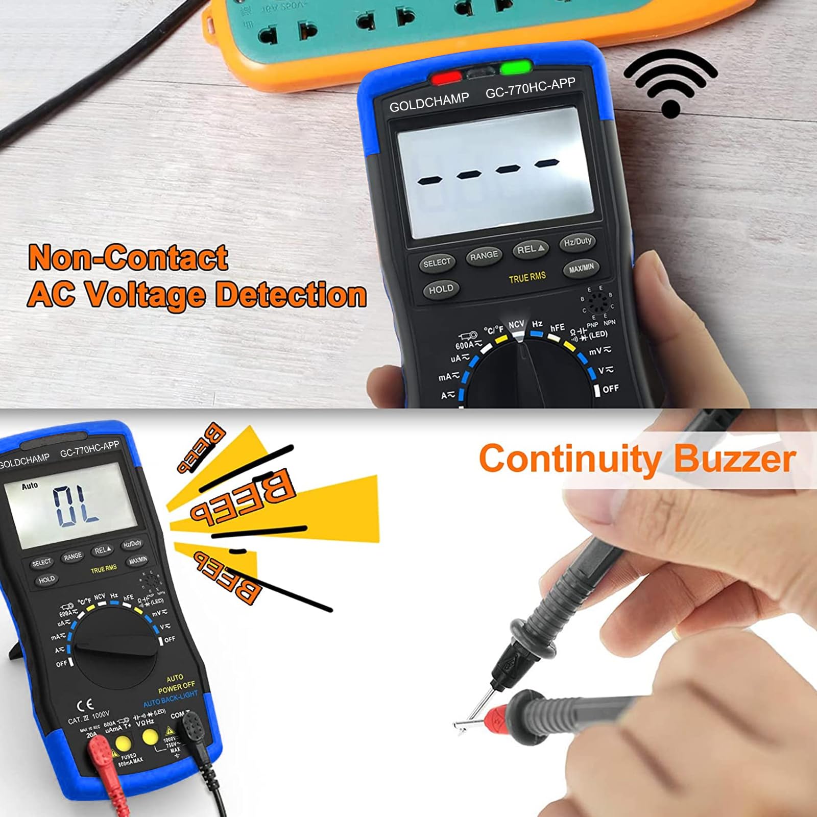 Multímetro digital TRMS AC/DC 1000 V 20 A Bluetooth, voltímetro 770HC para