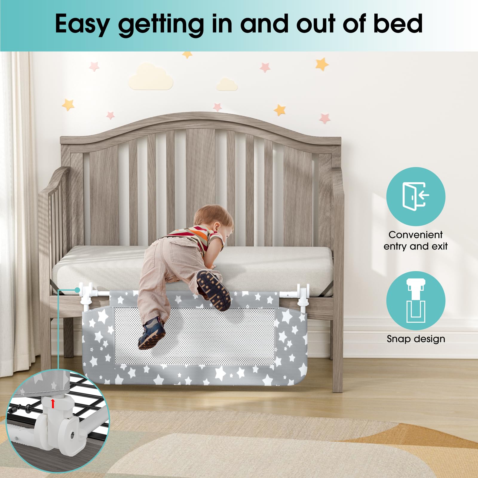 NUTIKAS Protector de riel de cuna para niños pequeños, barandillas de cama de 35.4 pulgadas, protector lateral de seguridad convertible, malla transpirable, barreras de cama con anclaje reforzado