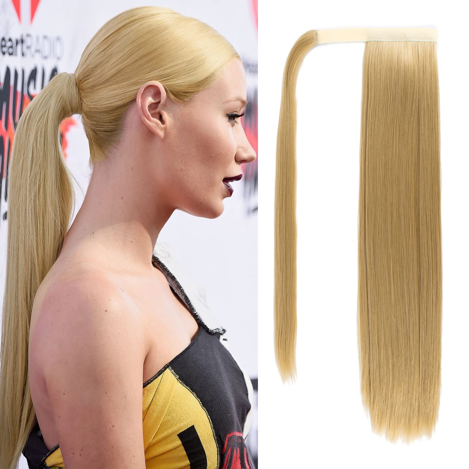 Photo 1 of 2 PACK Straight Ponytail Extension 14 Inch Wrap Around Clip in Ponytail Hair for Women Magic Paste Heat Resistant Synthetic Fiber Hairpiece for Women (Strawberry Blonde) 14 Inch-Straight 27# Strawberry Blonde