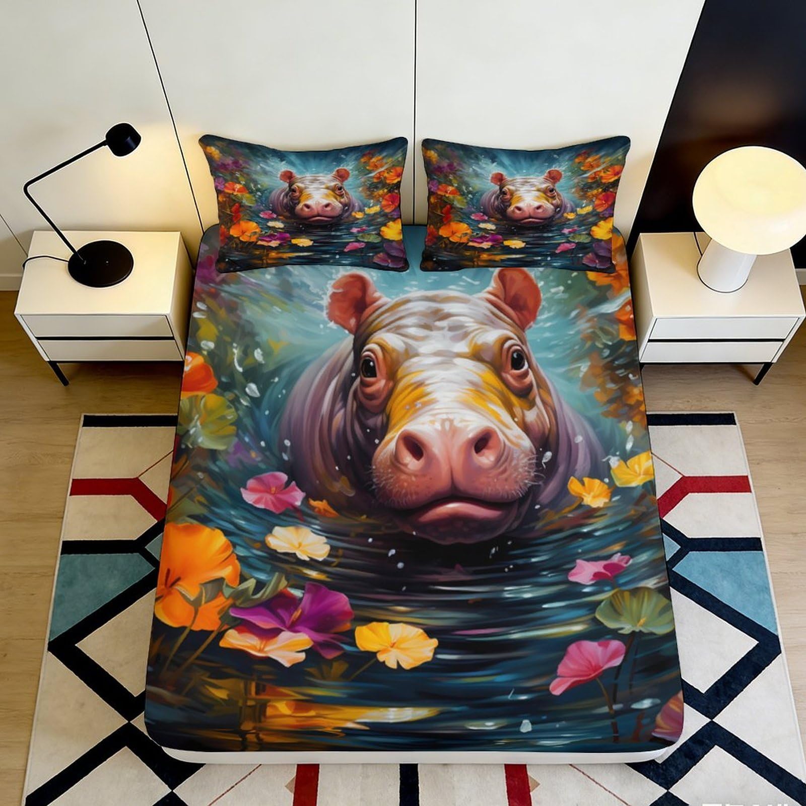 3D Printed Hippo Watercolor Fitted Sheet Microfiber Soft Floral Pond Bed Cover for Bedroom Guest Room Mattress Decor 90x200x25cm