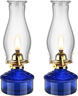 Tuanse 2 Pcs Oil Lamps for Indoor Use Vintage Hurricane Emergency Glass Oil Lamps Large Lantern Classic Decorative Oil Lamp for Home Tabletop Emergency Lighting Supplies (Royal Blue)