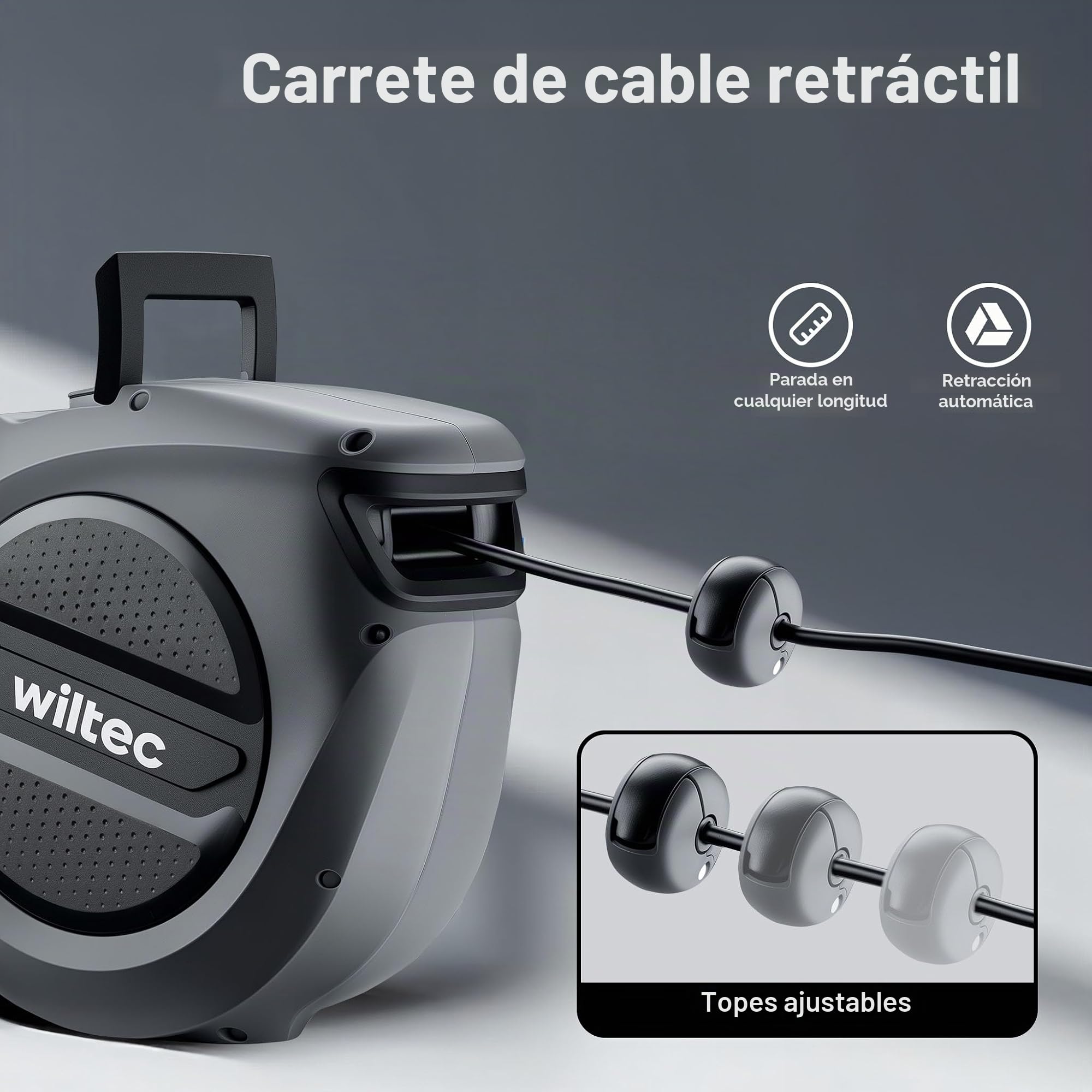 Wiltec Enrollador de cable eléctrico 15 m con corte térmico, soporte giratorio 180°, IP20, carcasa de PP, práctico y seguro para organizar cables.