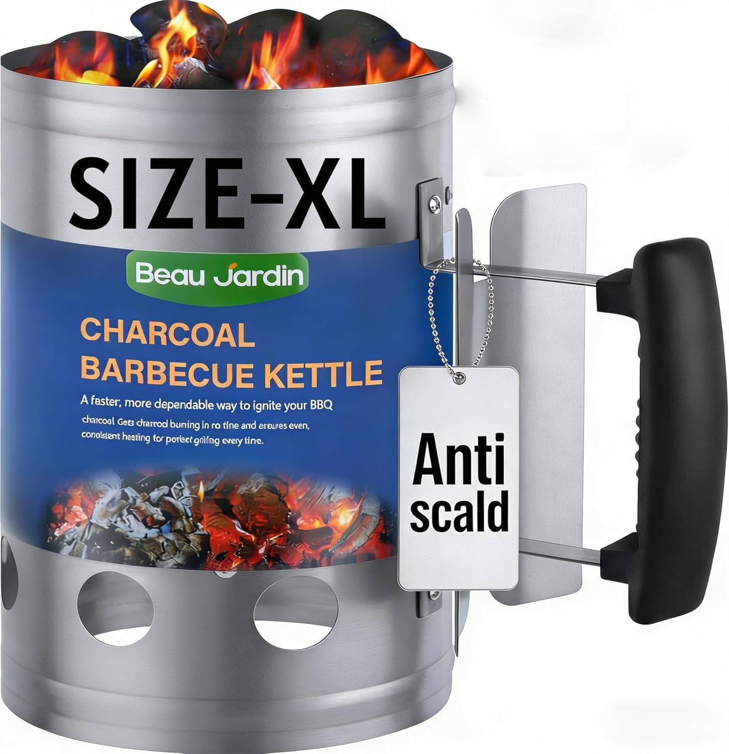 BEAU JARDIN Pro-Grade Chimney Starter - Fast, Even Ignition for Charcoal & Briquettes | Heavy-Duty Galvanised Steel with Secure Grip Handles | Optimal 28cm Size Fits Most BBQs & Smokers