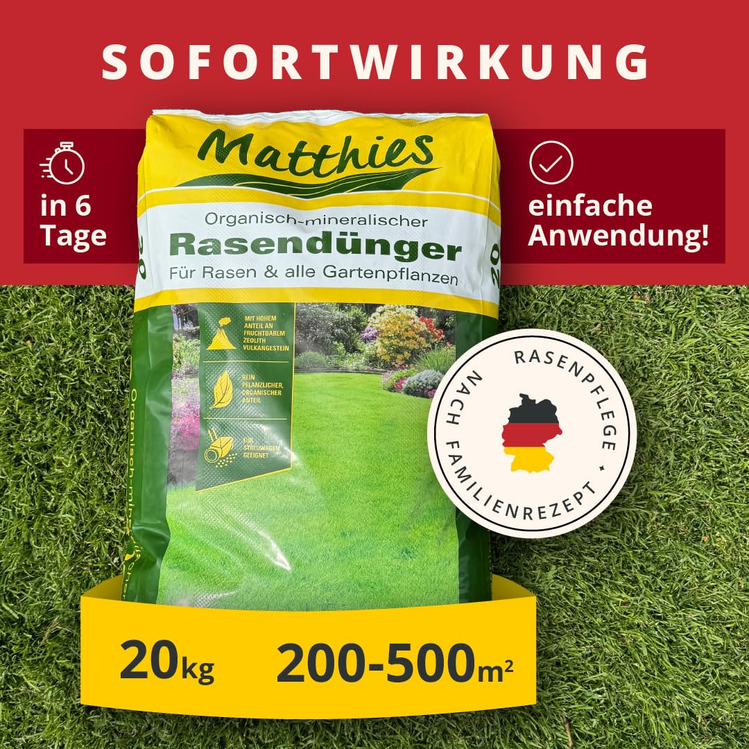 Matthies Rasen Volldünger 20kg für 200-500 m², Langzeit Gartendünger für Frühjahr, Sommer & Herbst, organischer & mineralischer Dünger mit Stickstoff, Phosphor & Kalium, Langzeitdünger