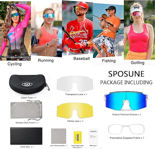 Miniatura 8 de SPOSUNE Gafas de sol polarizadas deportivas con 3 lentes para hombres y mujeres, gafas de sol con protección UV para ciclismo, esquí, béisbol,