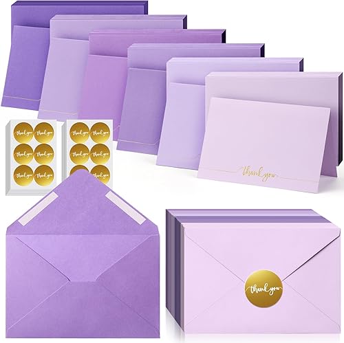 Colarr 360 tarjetas de agradecimiento moradas con sobres, calcomanías a granel de 4 x 6 pulgadas, tarjeta de felicitación de agradecimiento en