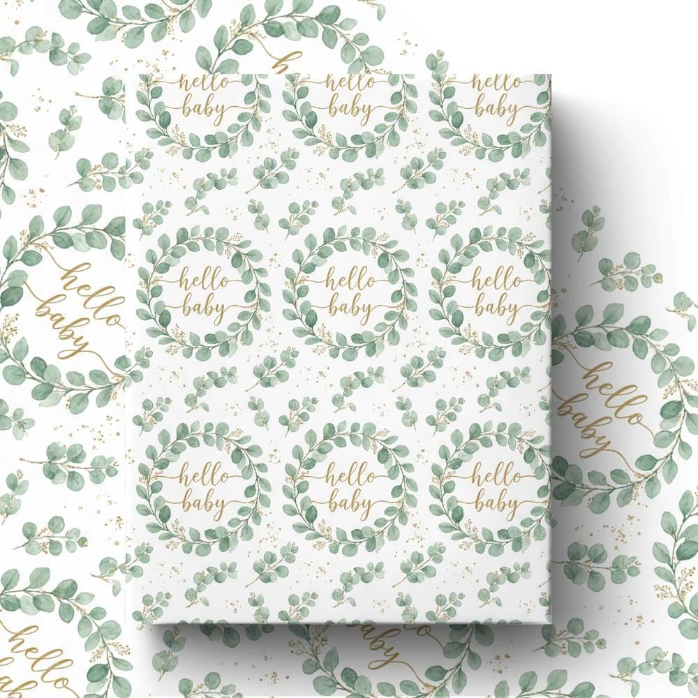 GleeWrap Eucalyptus Baby Shower Wrapping Paper, 4 Sheets Hello Baby Sage Green Themed Gift Wrap,Folded Flat for Neutral Baby Shower, Boys Girls Kids Birthday,50 × 70 cm