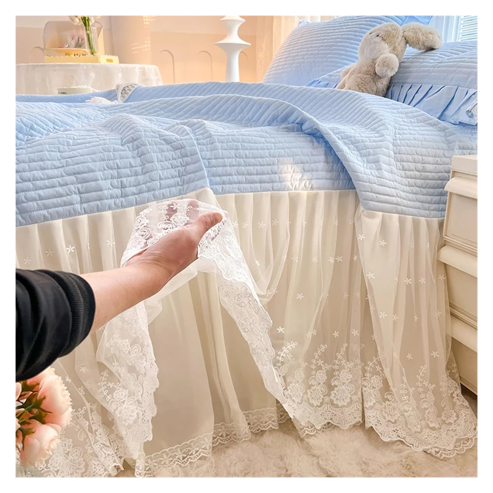 Quilted Cotton Flowers Lace Bed Skirt, Bedspread, Bed Sheet, Bed Cover, Pillowcases, 2/3Pcs Wedding Bedding Set(2,150X200cm 3pcs)