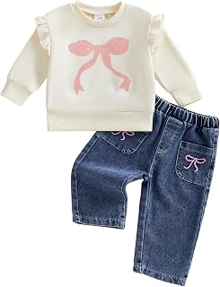 Mubineo Toddler Baby Girl Clothes Cute Sweatshirt Jeans Outfits Kids Ruffle Long Sleeve Tops Pocket Jean Pant Outfit Set