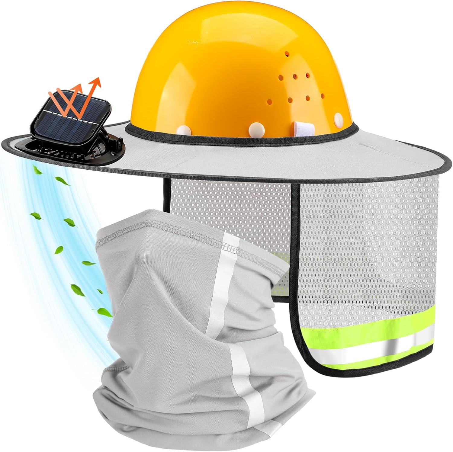 1 Set Sun Hard Hat with Solar Fan Shade Full Brim Hard Hat and Neck Sunshade Cover High Visibility Full Brim Mesh with Reflective Strip for Outdoor Summer Protection