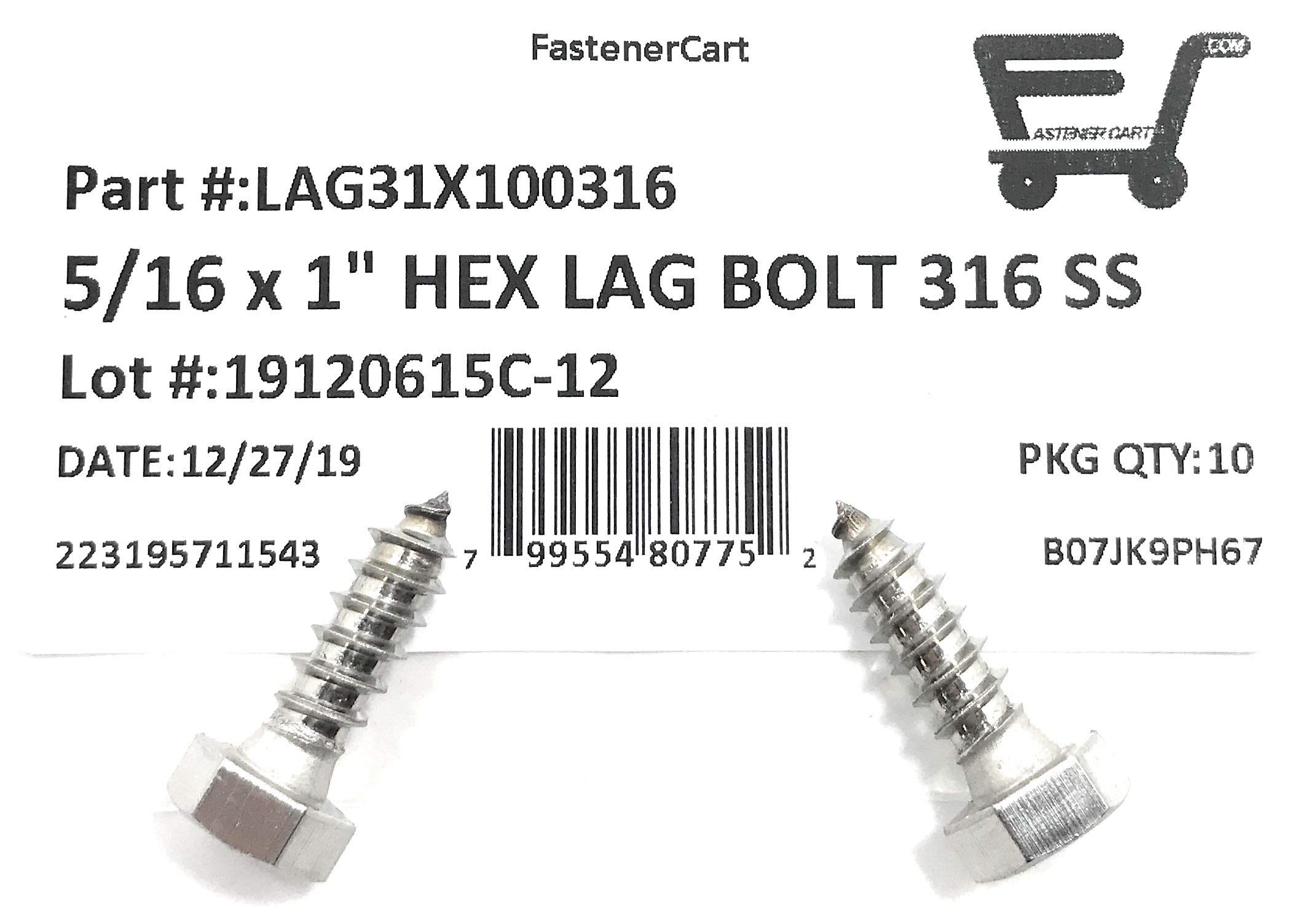 5/16 x 1 316 Stainless Steel Hex Head Lag Bolts Lag Screws Marine Grade (10 Pieces)