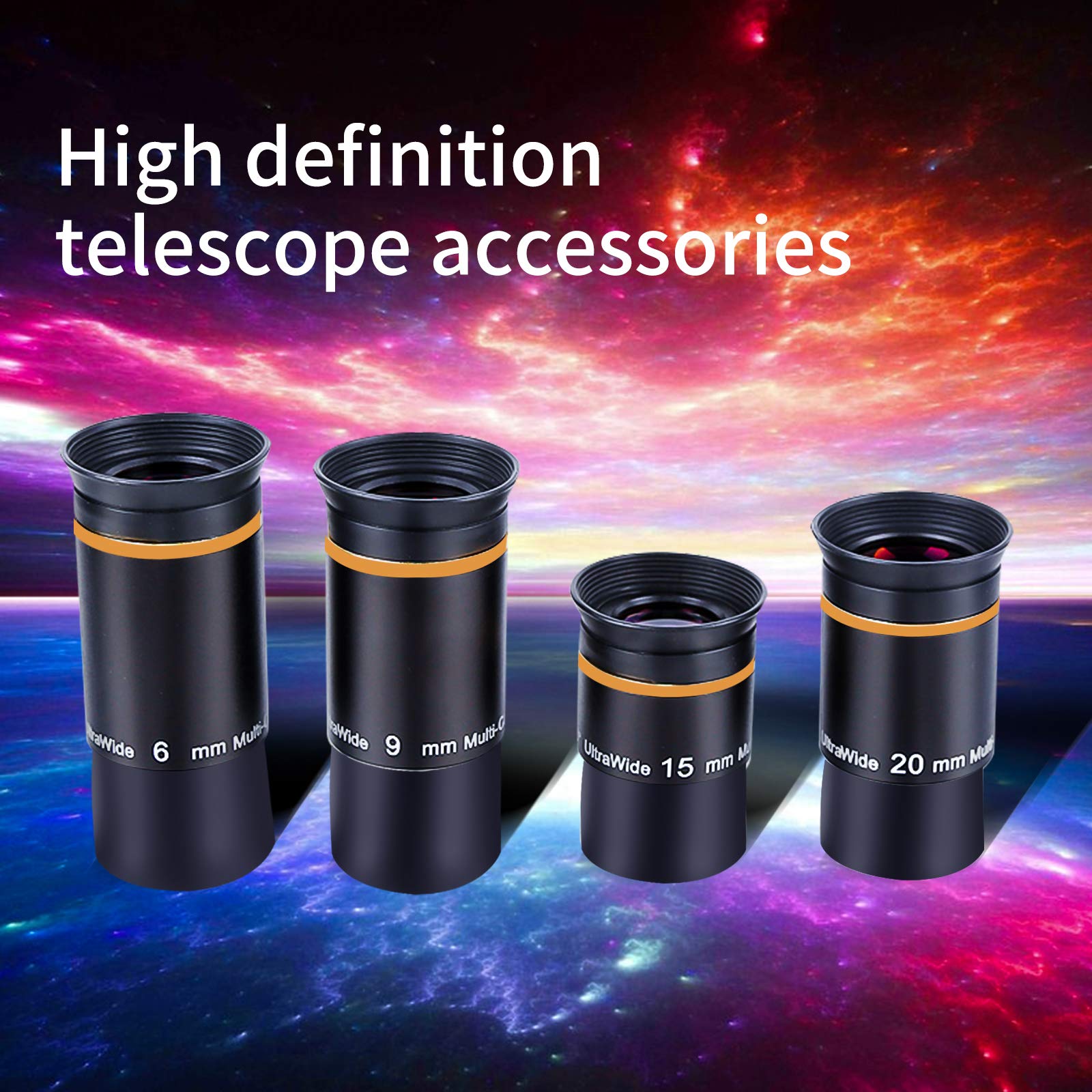 Lot de 4 oculaires ultra grand angle de 66 degrés pour télescope (6 mm-9 mm-15 mm-20 mm) entièrement recouvert de vert accessoires de télescope de 3,2 cm