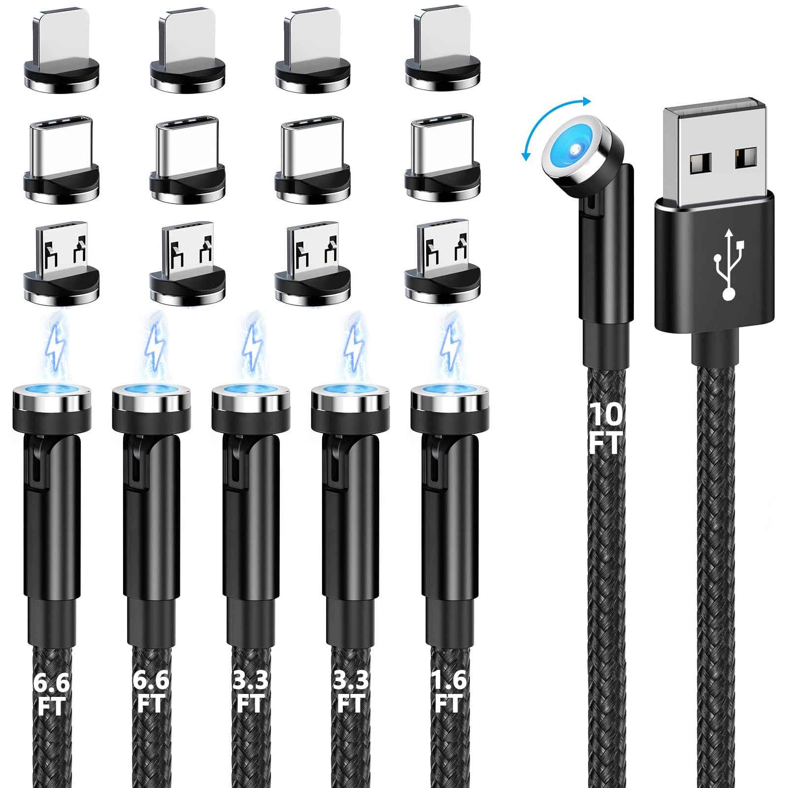 Cable de carga magnético, cargador magnético de teléfono con rotación de 540° (paquete de 6, 0.5 m/0.9 m/1.8 m/1.8 m/3.0 m) 3 en 1 cargador magnético para teléfono iProduct/Micro USB/dispositivo tipo