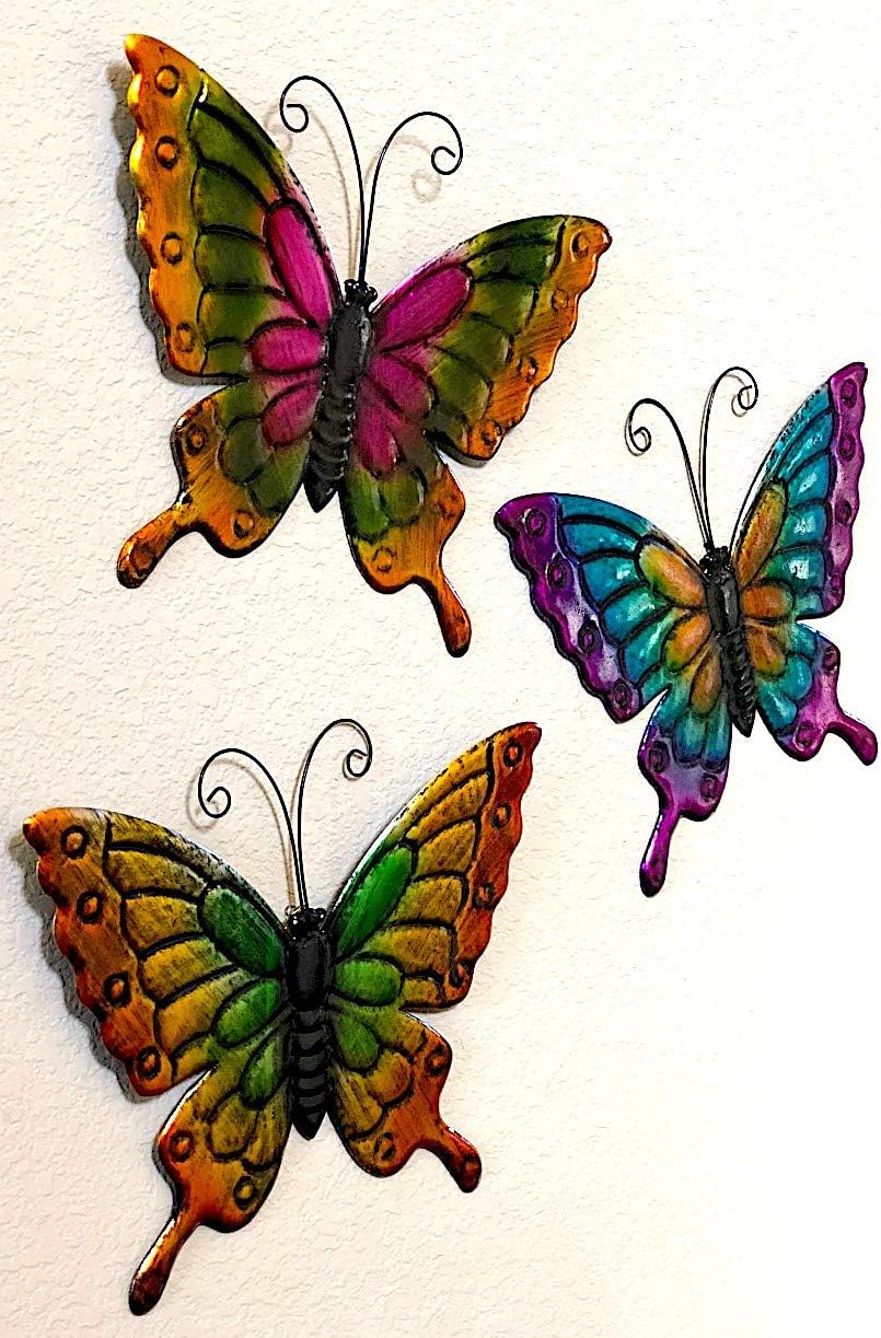 D.I.D. Butterfly Nature Inspired Colorful Metal Iron Garden Decor Wall Yard Art Sculptures For Indoor Outdoor Set of 3 (16" x 12")