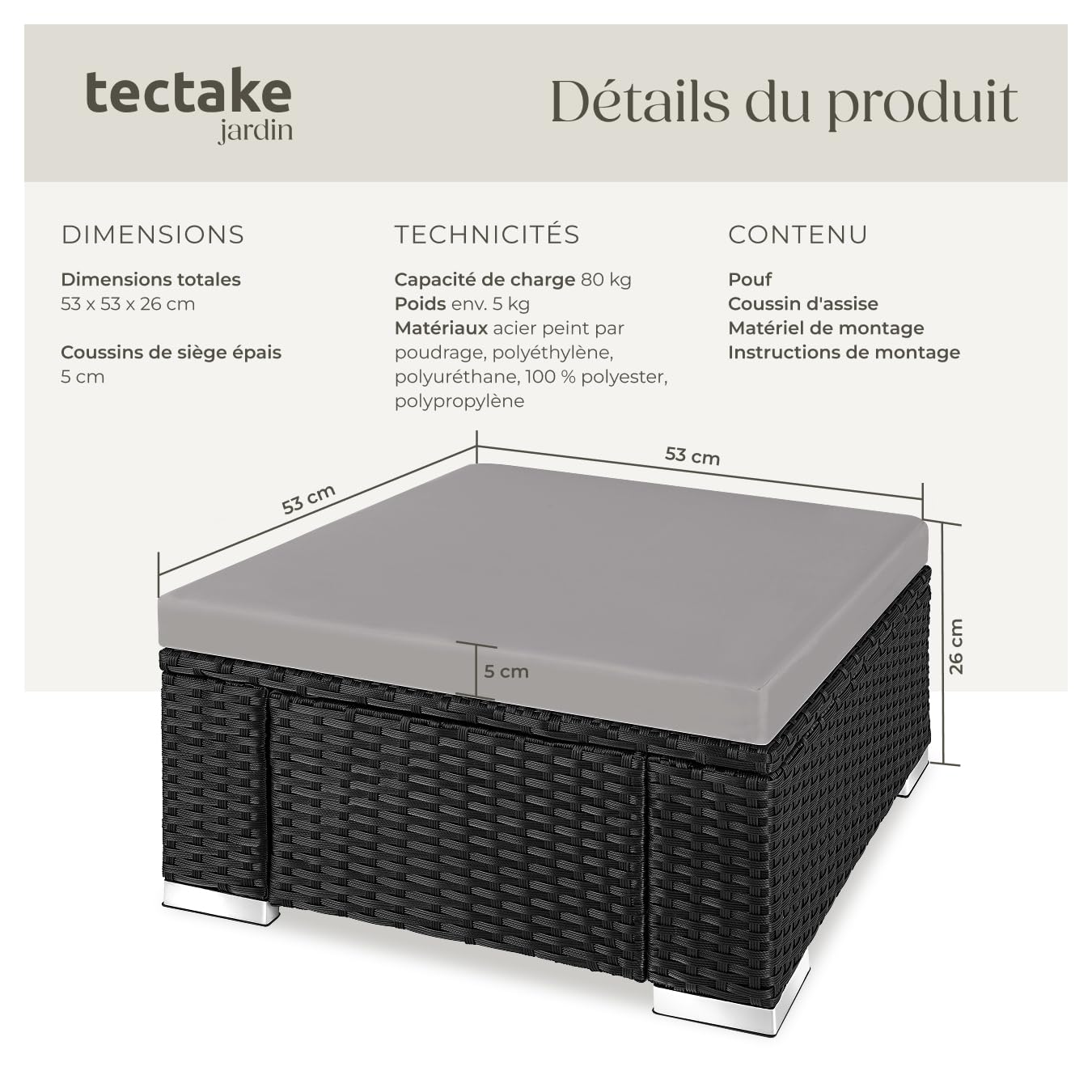 tectake® Tabouret Repose Pied Pouf Salon extérieur Table Basse pour Salon de Jardin Exterieur en Résine Tressée, Pouf avec Coussin imperméable pour Amenagement Balcon Terrasse