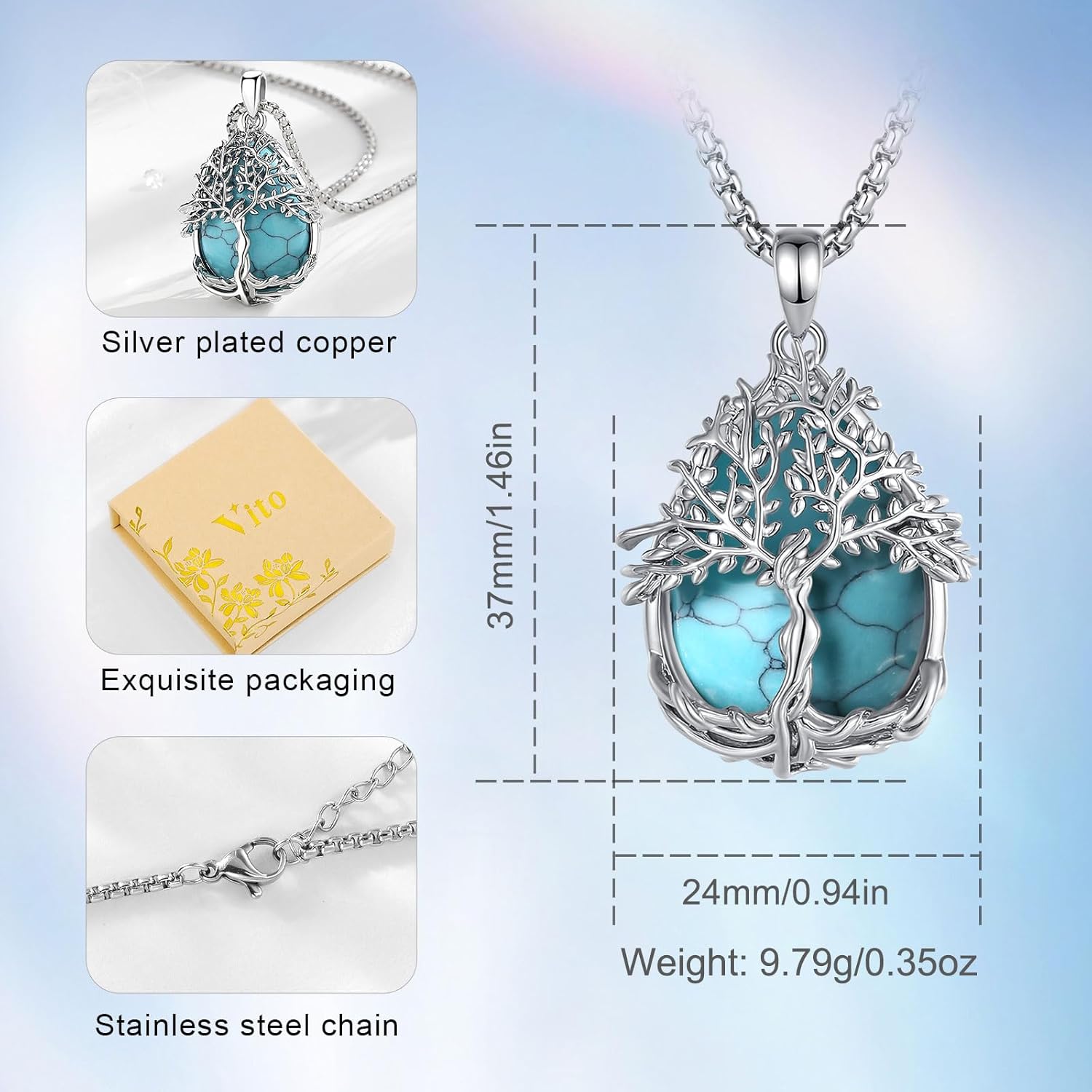 Vito Tree of Life Necklace for Women Men, Silver Plated Copper Teardrop Moonstone/Obsidian/Turquoise/Amethyst/Malachite Crystal Tree Necklace Protection Energy Amulet Jewelry Gift for Mom Wife, 20+2" - Image 4